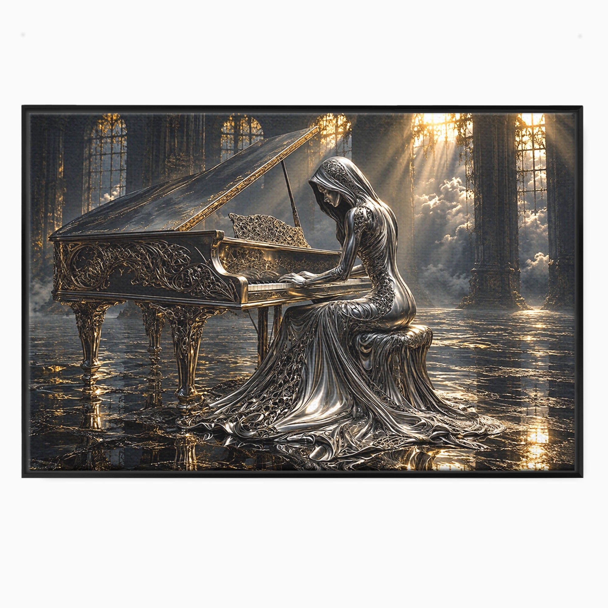 Tablou Canvas Premium LuxCanva® U1233, Pianista de Argint, Muzica, Fantezie, Pianista, Argint, Living, Culori Vibrante