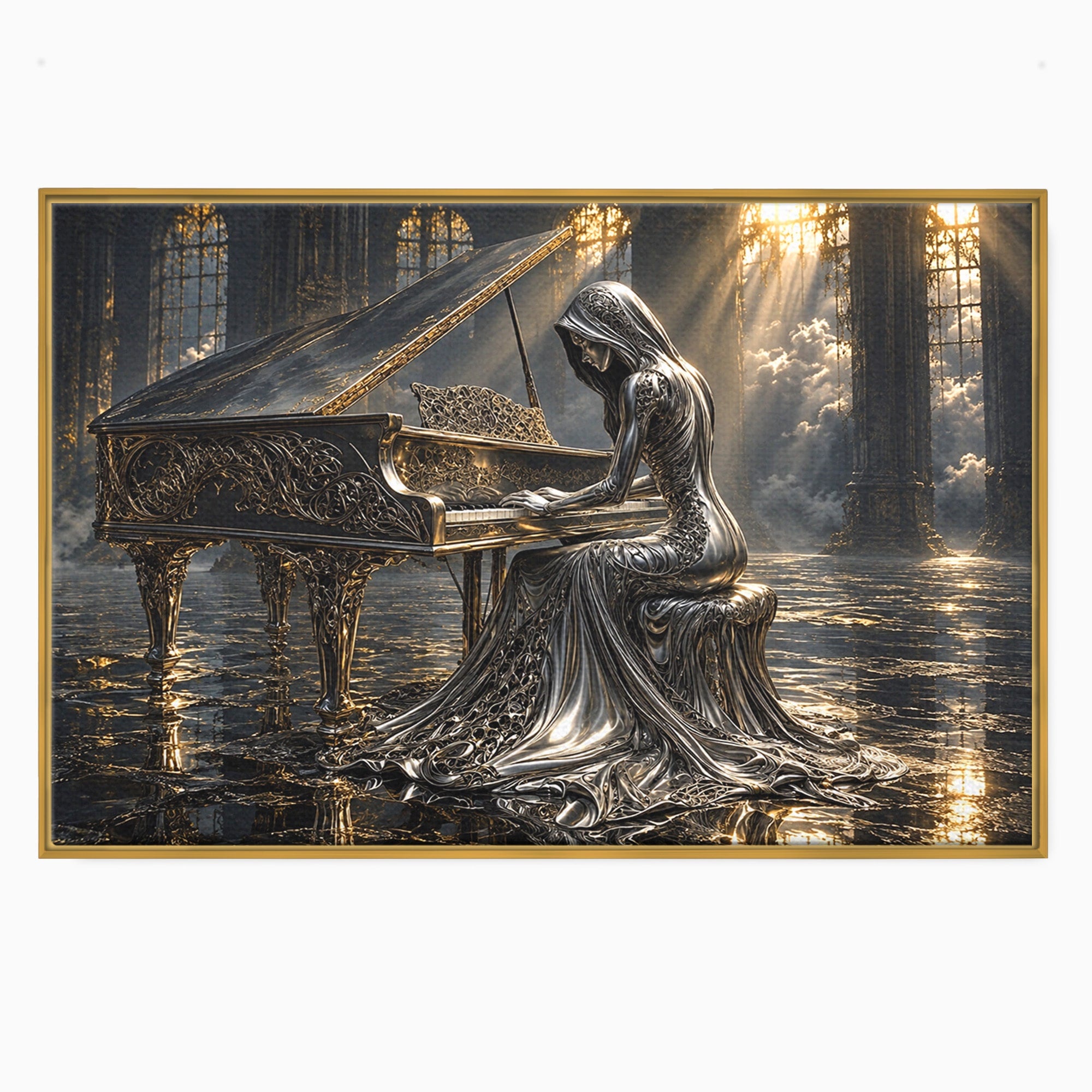 Tablou Canvas Premium LuxCanva® U1233, Pianista de Argint, Muzica, Fantezie, Pianista, Argint, Living, Culori Vibrante