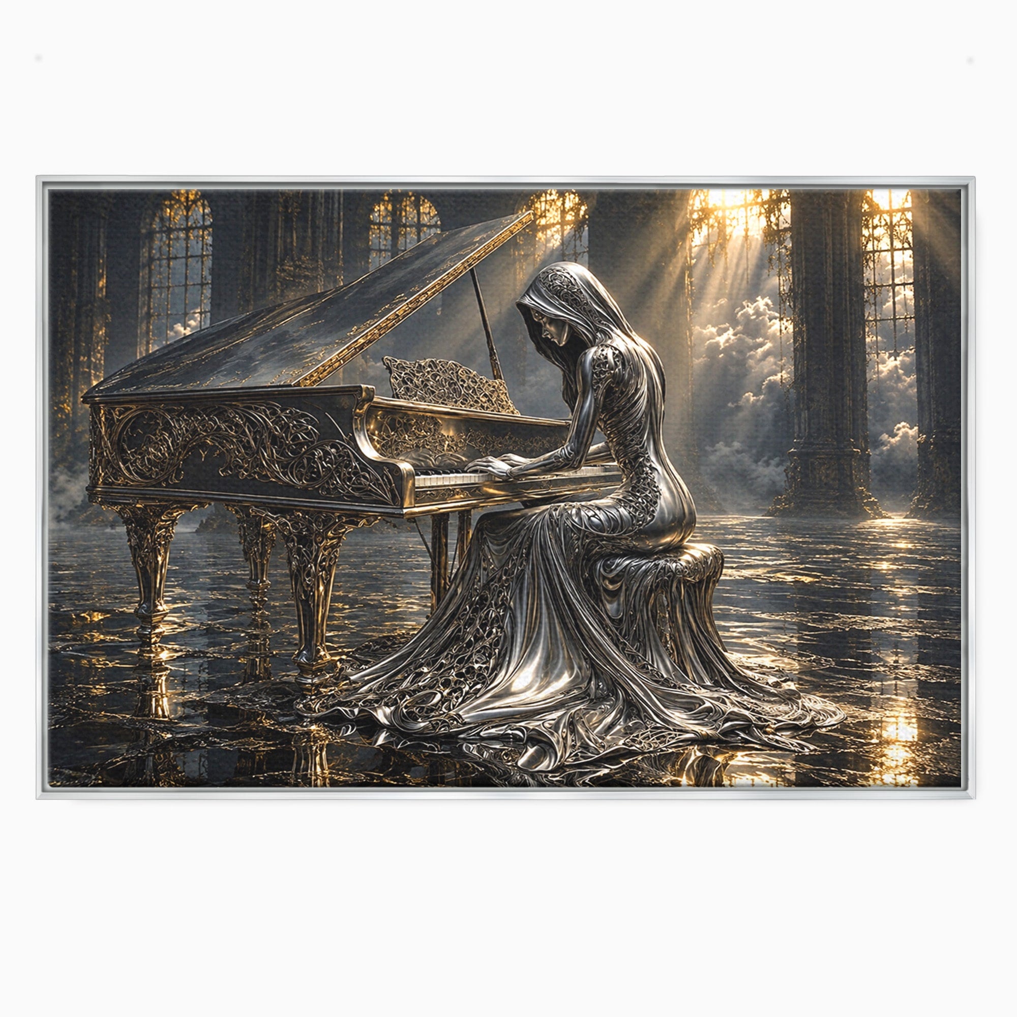 Tablou Canvas Premium LuxCanva® U1233, Pianista de Argint, Muzica, Fantezie, Pianista, Argint, Living, Culori Vibrante