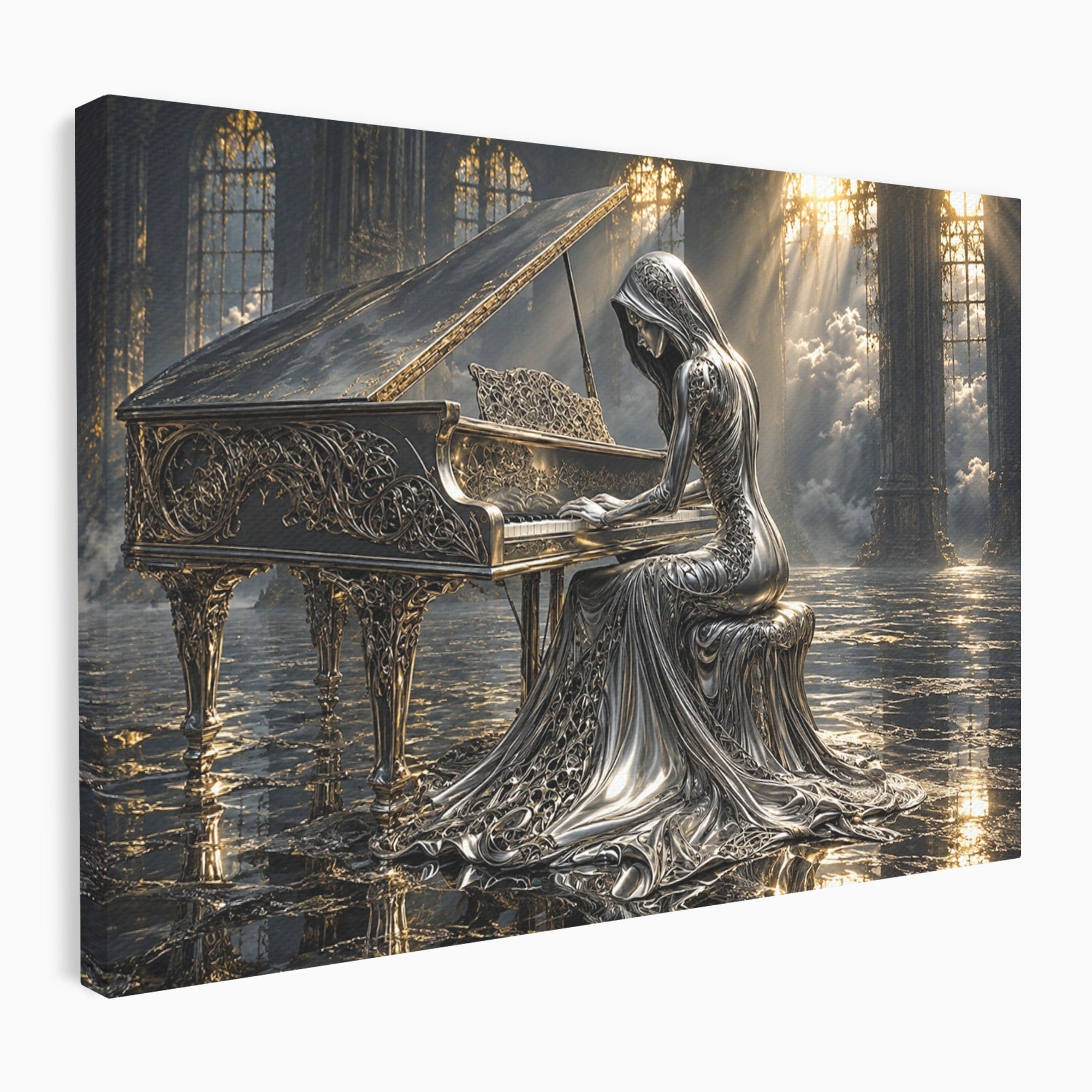 Tablou Canvas Premium LuxCanva® U1233, Pianista de Argint, Muzica, Fantezie, Pianista, Argint, Living, Culori Vibrante