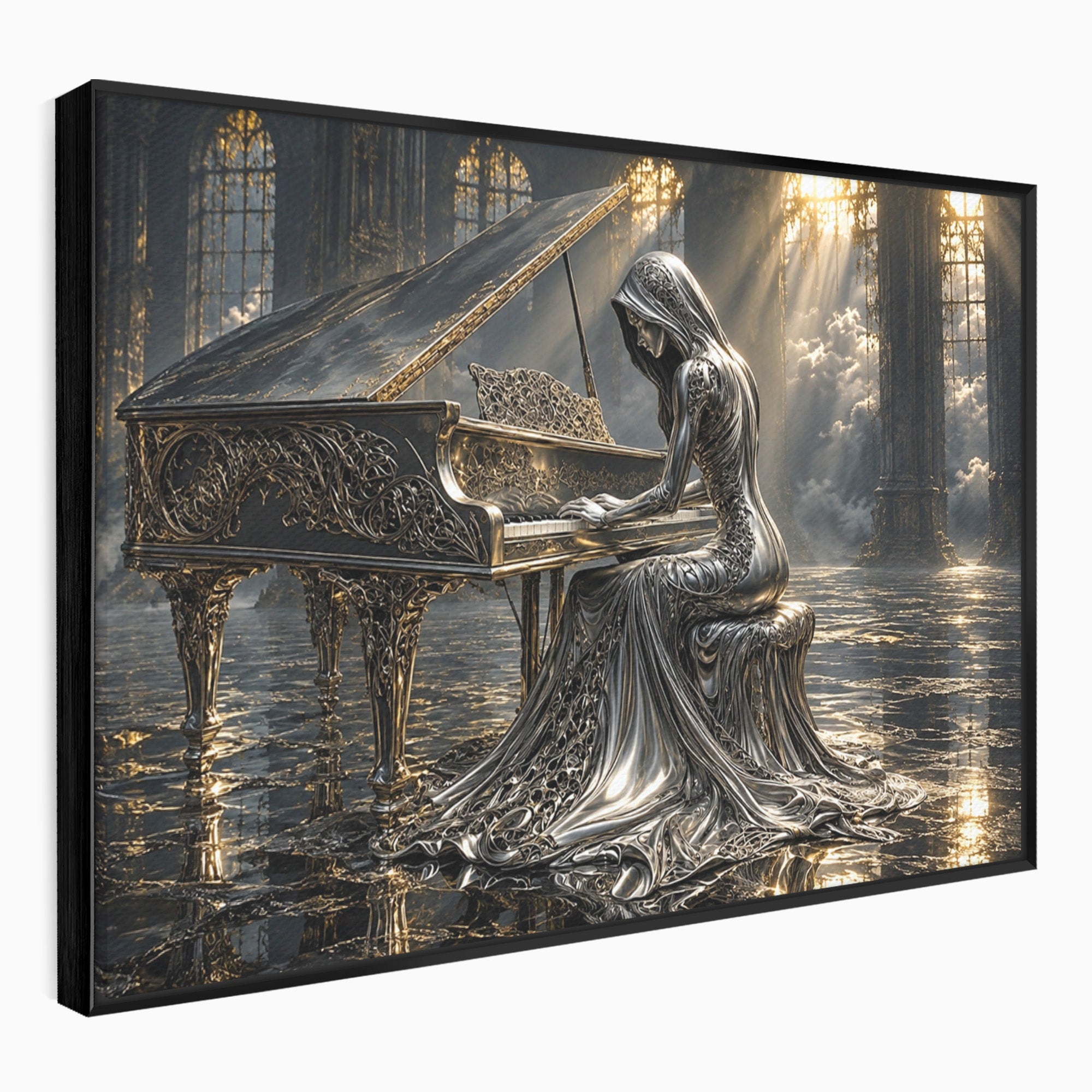 Tablou Canvas Premium LuxCanva® U1233, Pianista de Argint, Muzica, Fantezie, Pianista, Argint, Living, Culori Vibrante