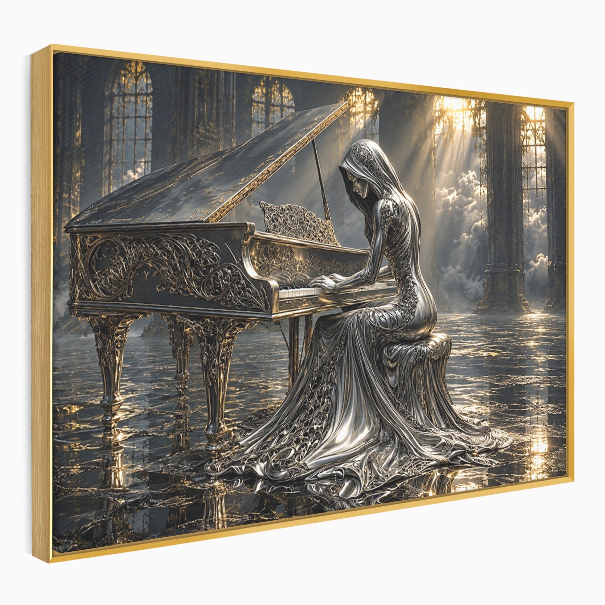 Tablou Canvas Premium LuxCanva® U1233, Pianista de Argint, Muzica, Fantezie, Pianista, Argint, Living, Culori Vibrante