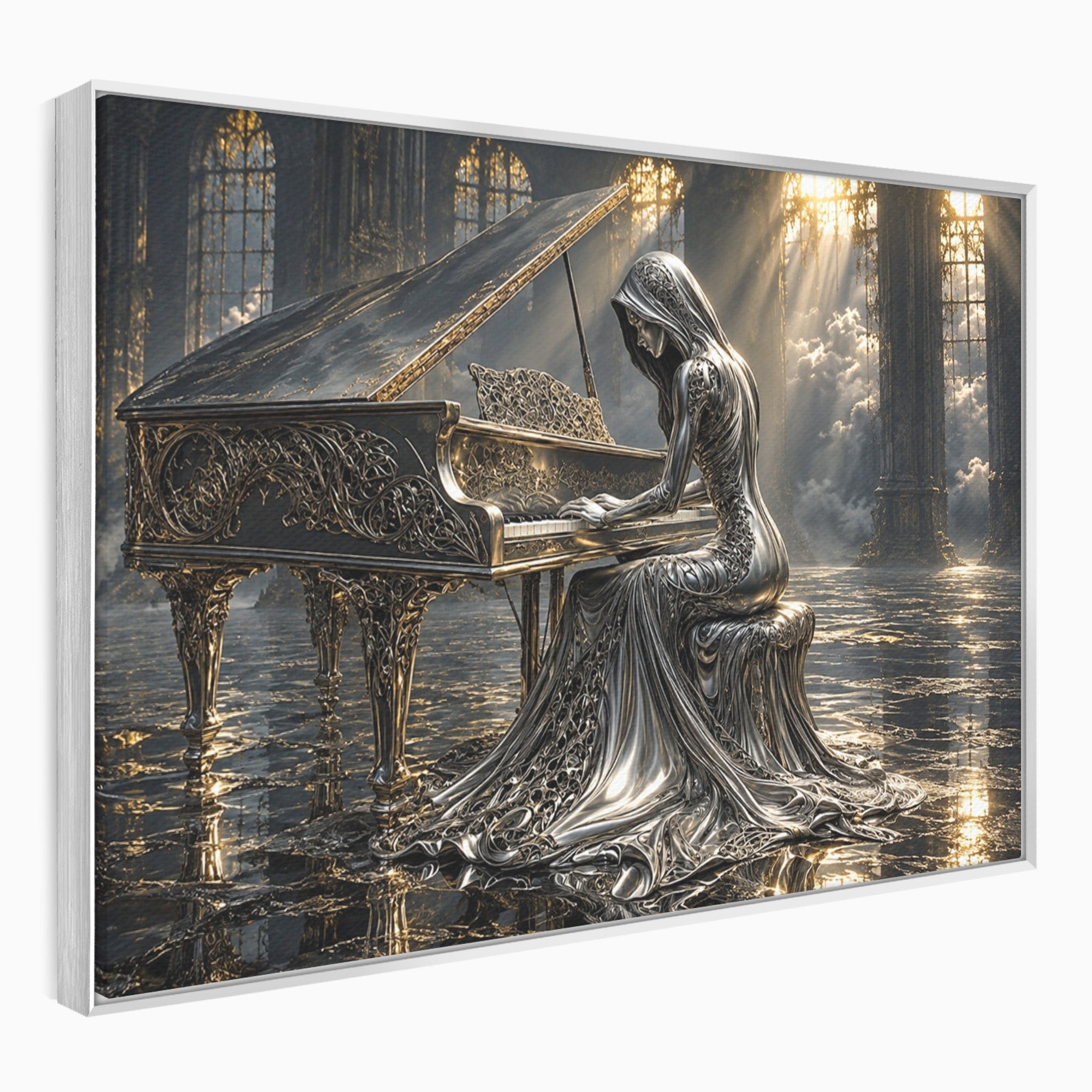 Tablou Canvas Premium LuxCanva® U1233, Pianista de Argint, Muzica, Fantezie, Pianista, Argint, Living, Culori Vibrante