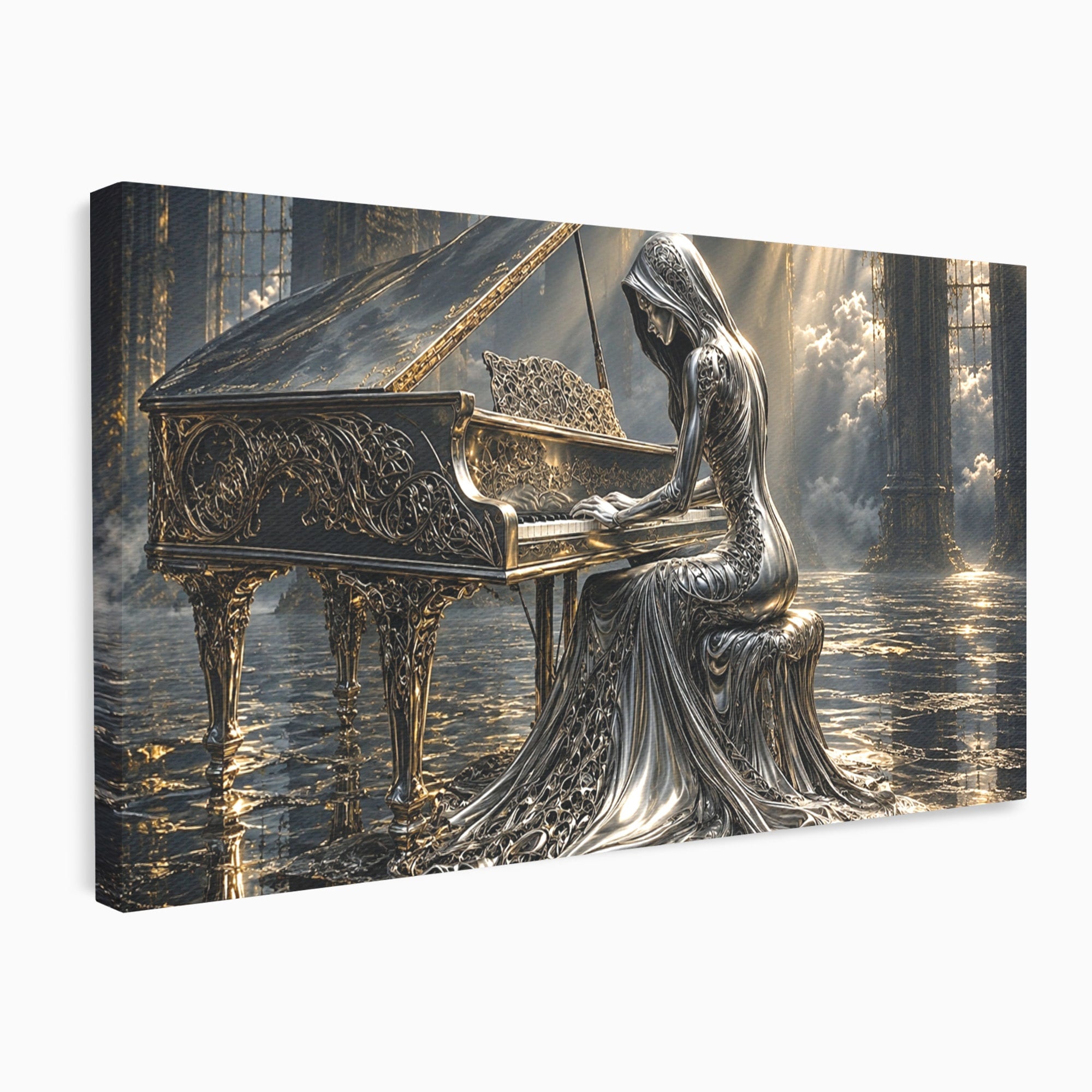 Tablou Canvas Premium LuxCanva® U1233, Pianista de Argint, Muzica, Fantezie, Pianista, Argint, Living, Culori Vibrante