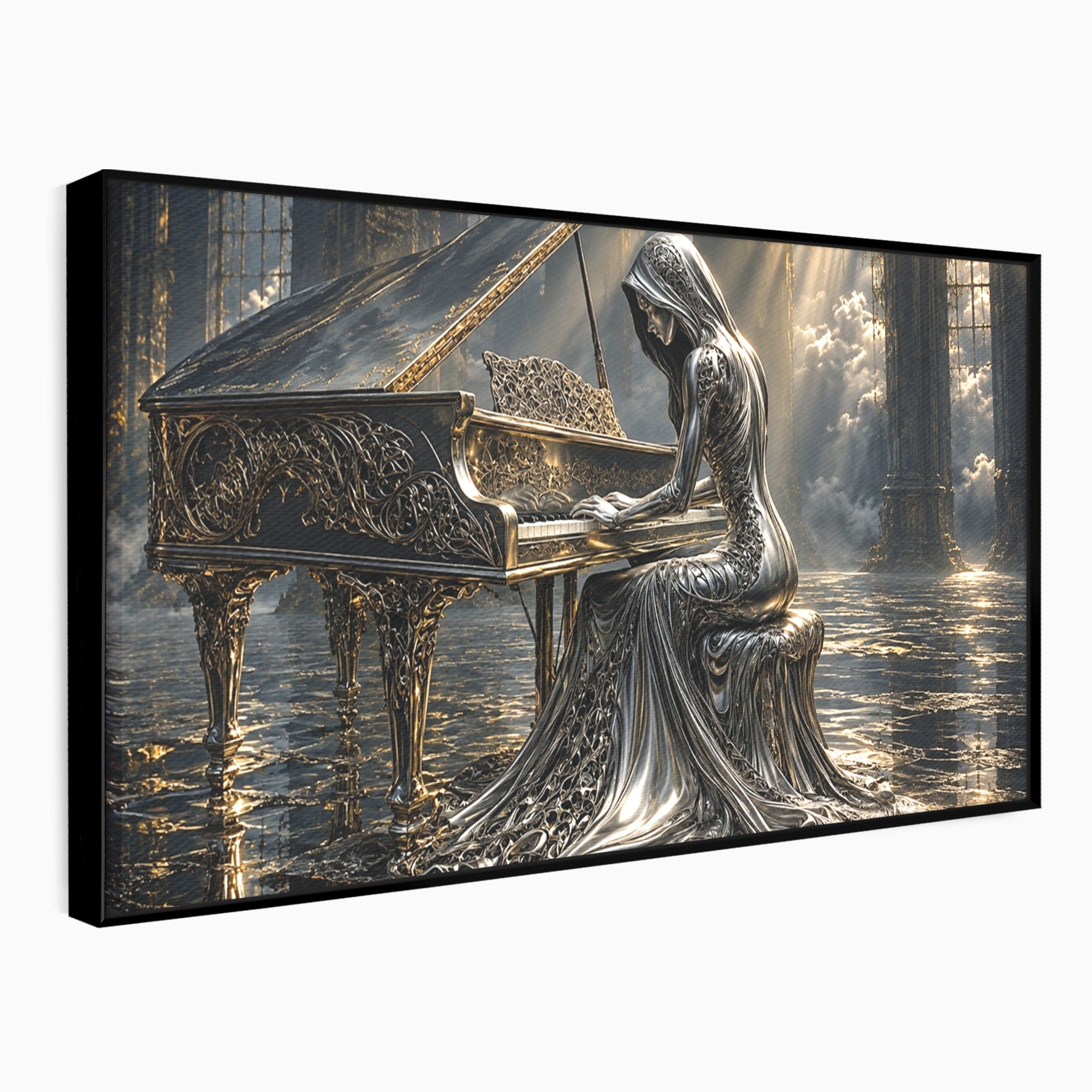 Tablou Canvas Premium LuxCanva® U1233, Pianista de Argint, Muzica, Fantezie, Pianista, Argint, Living, Culori Vibrante