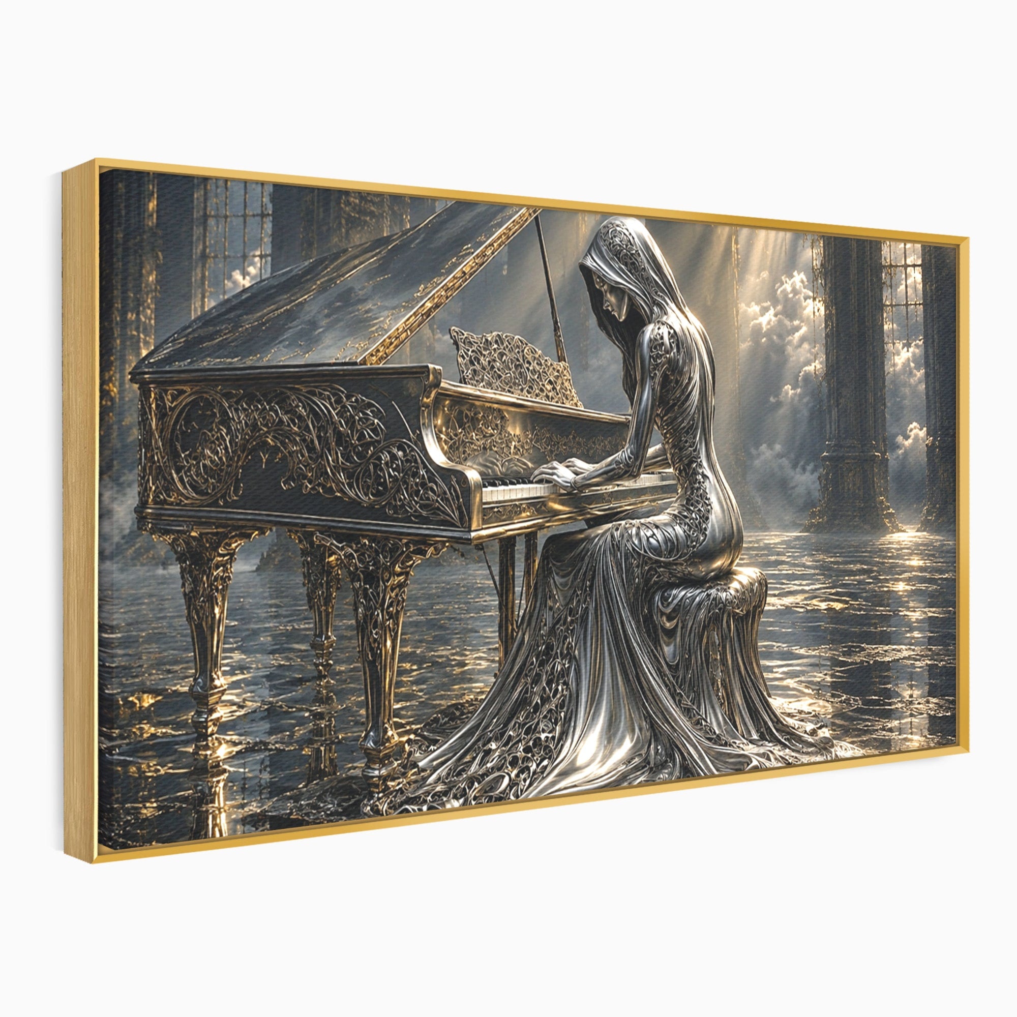 Tablou Canvas Premium LuxCanva® U1233, Pianista de Argint, Muzica, Fantezie, Pianista, Argint, Living, Culori Vibrante