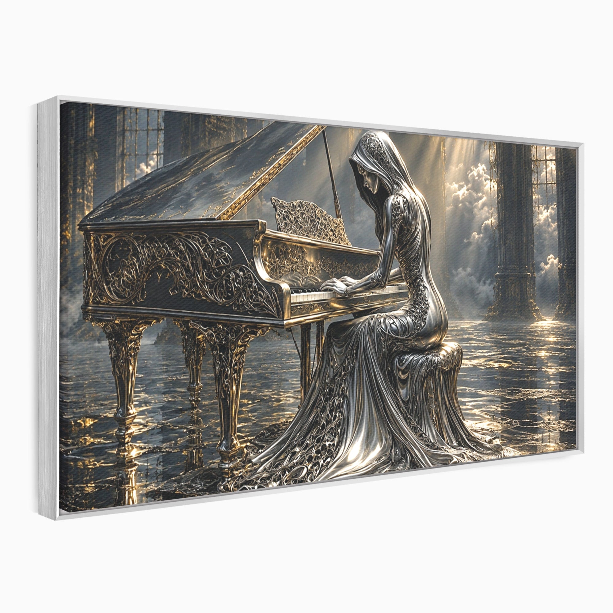 Tablou Canvas Premium LuxCanva® U1233, Pianista de Argint, Muzica, Fantezie, Pianista, Argint, Living, Culori Vibrante
