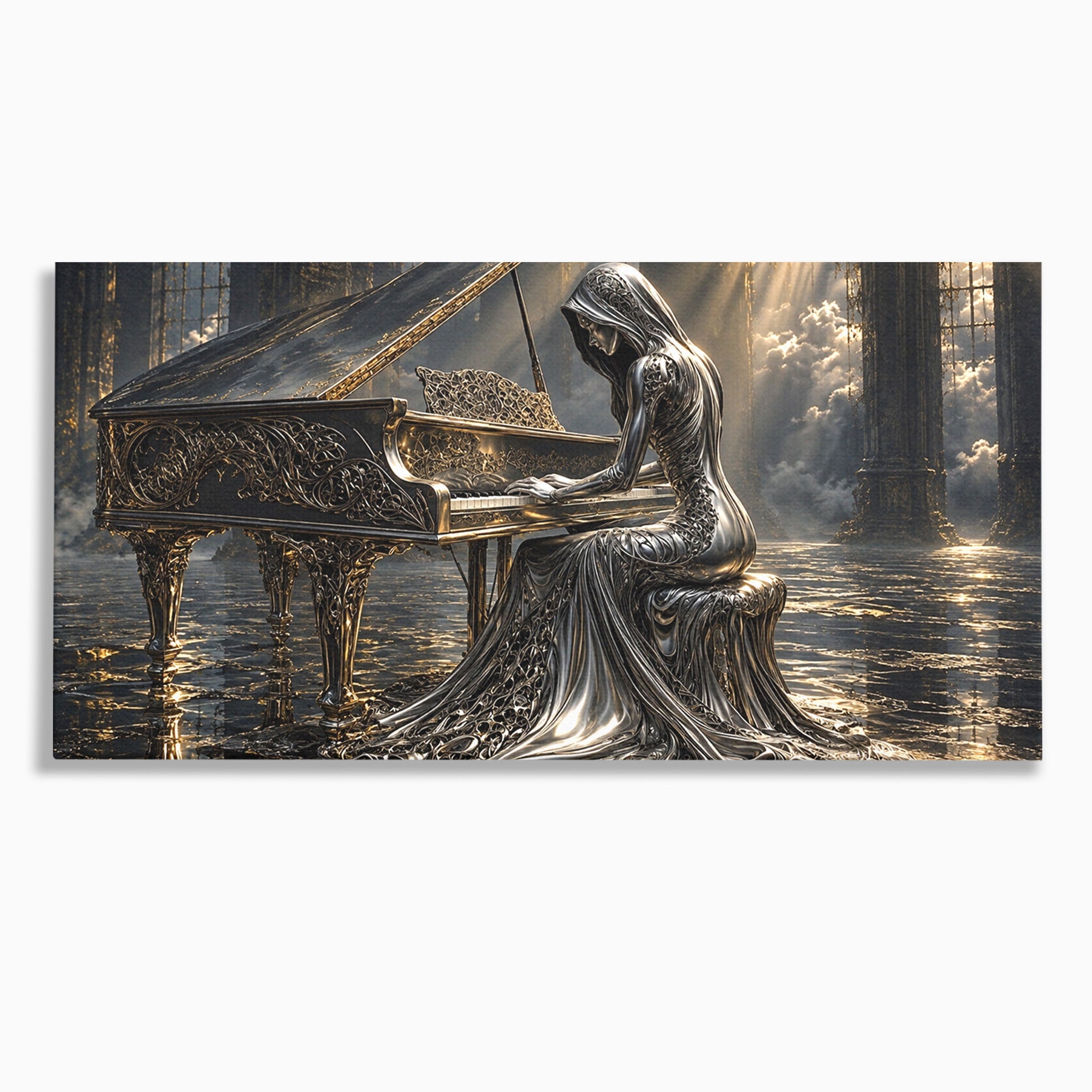 Tablou Canvas Premium LuxCanva® U1233, Pianista de Argint, Muzica, Fantezie, Pianista, Argint, Living, Culori Vibrante