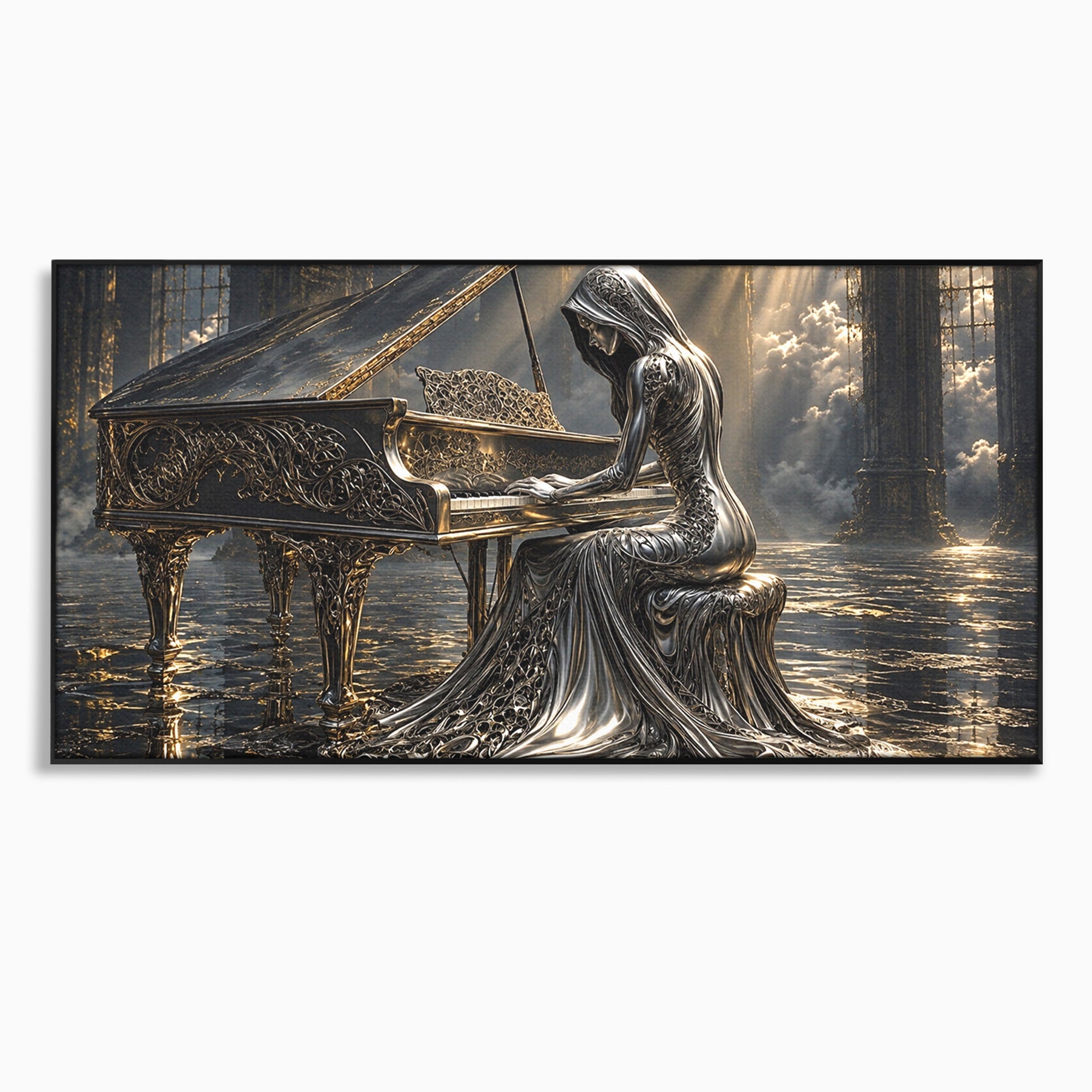 Tablou Canvas Premium LuxCanva® U1233, Pianista de Argint, Muzica, Fantezie, Pianista, Argint, Living, Culori Vibrante