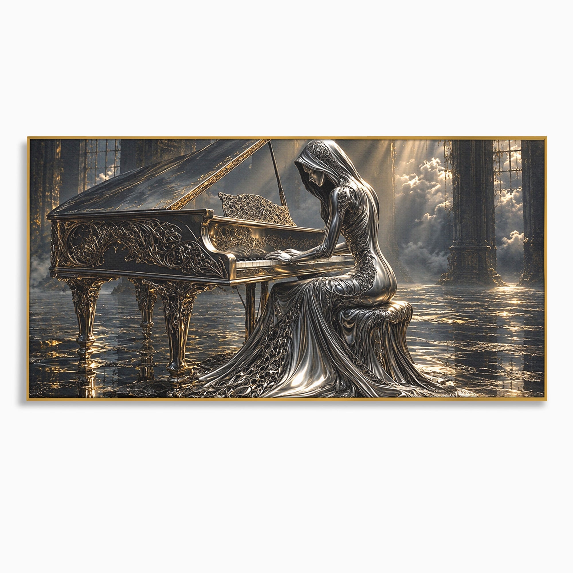 Tablou Canvas Premium LuxCanva® U1233, Pianista de Argint, Muzica, Fantezie, Pianista, Argint, Living, Culori Vibrante