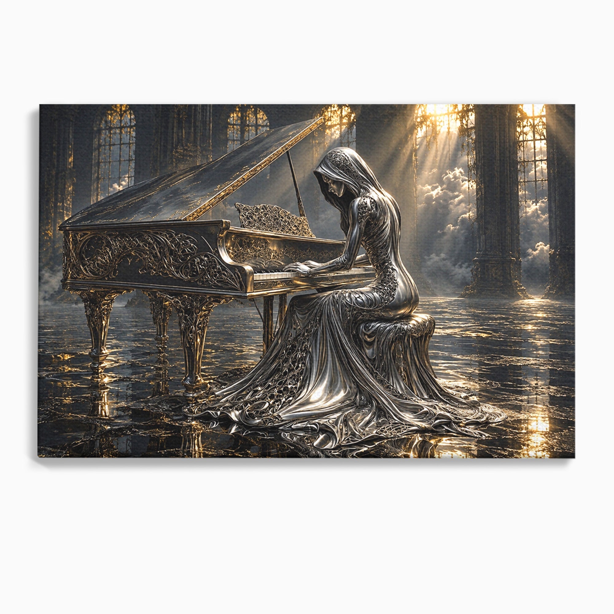 Tablou Canvas Premium LuxCanva® U1233, Pianista de Argint, Muzica, Fantezie, Pianista, Argint, Living, Culori Vibrante
