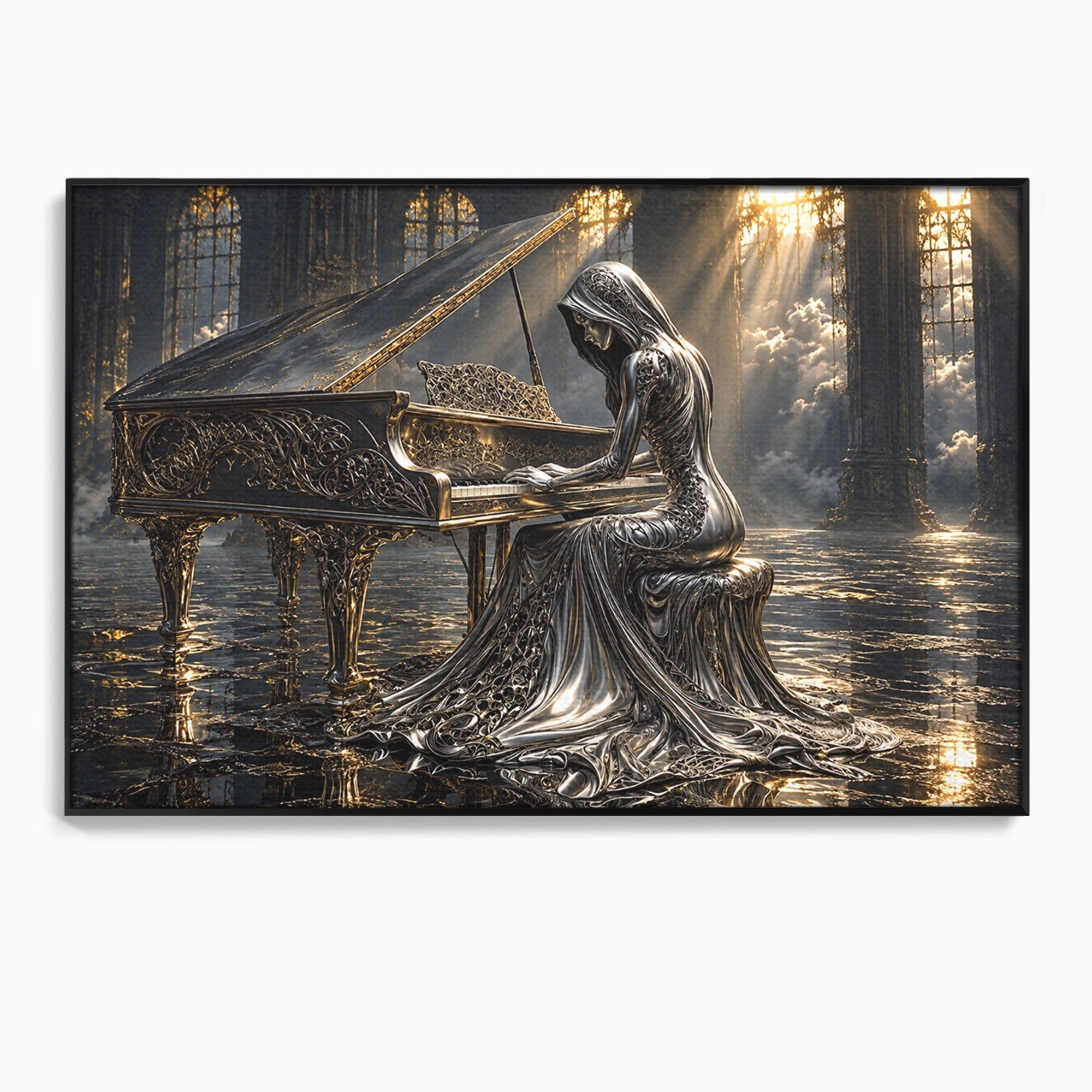 Tablou Canvas Premium LuxCanva® U1233, Pianista de Argint, Muzica, Fantezie, Pianista, Argint, Living, Culori Vibrante