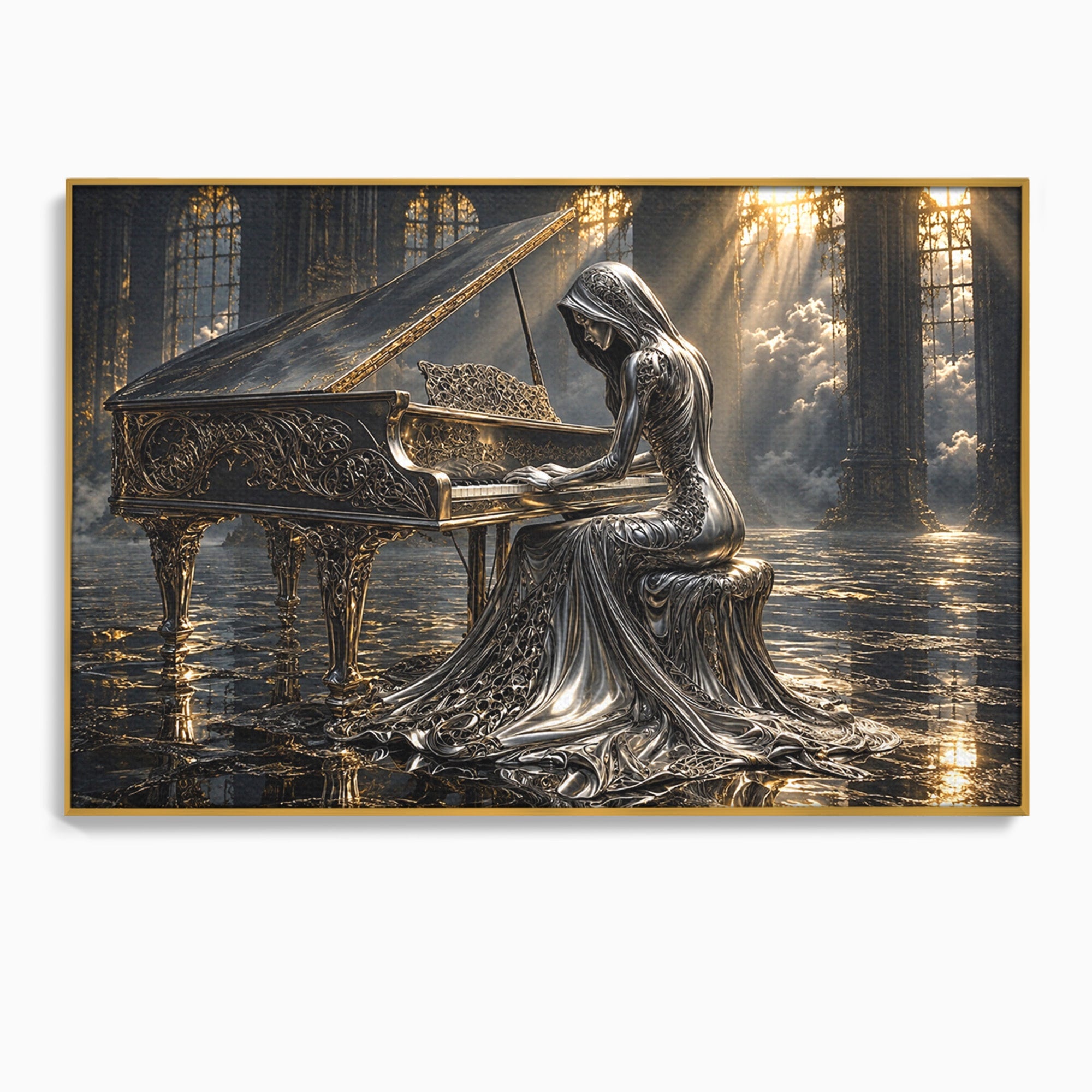 Tablou Canvas Premium LuxCanva® U1233, Pianista de Argint, Muzica, Fantezie, Pianista, Argint, Living, Culori Vibrante