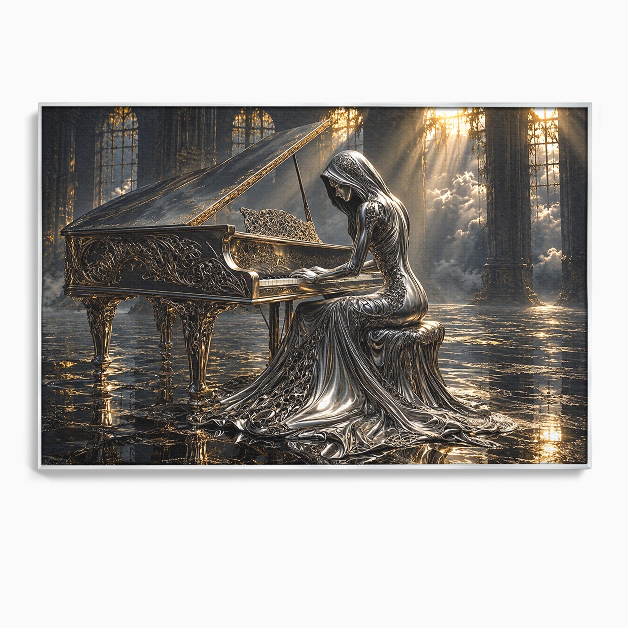 Tablou Canvas Premium LuxCanva® U1233, Pianista de Argint, Muzica, Fantezie, Pianista, Argint, Living, Culori Vibrante