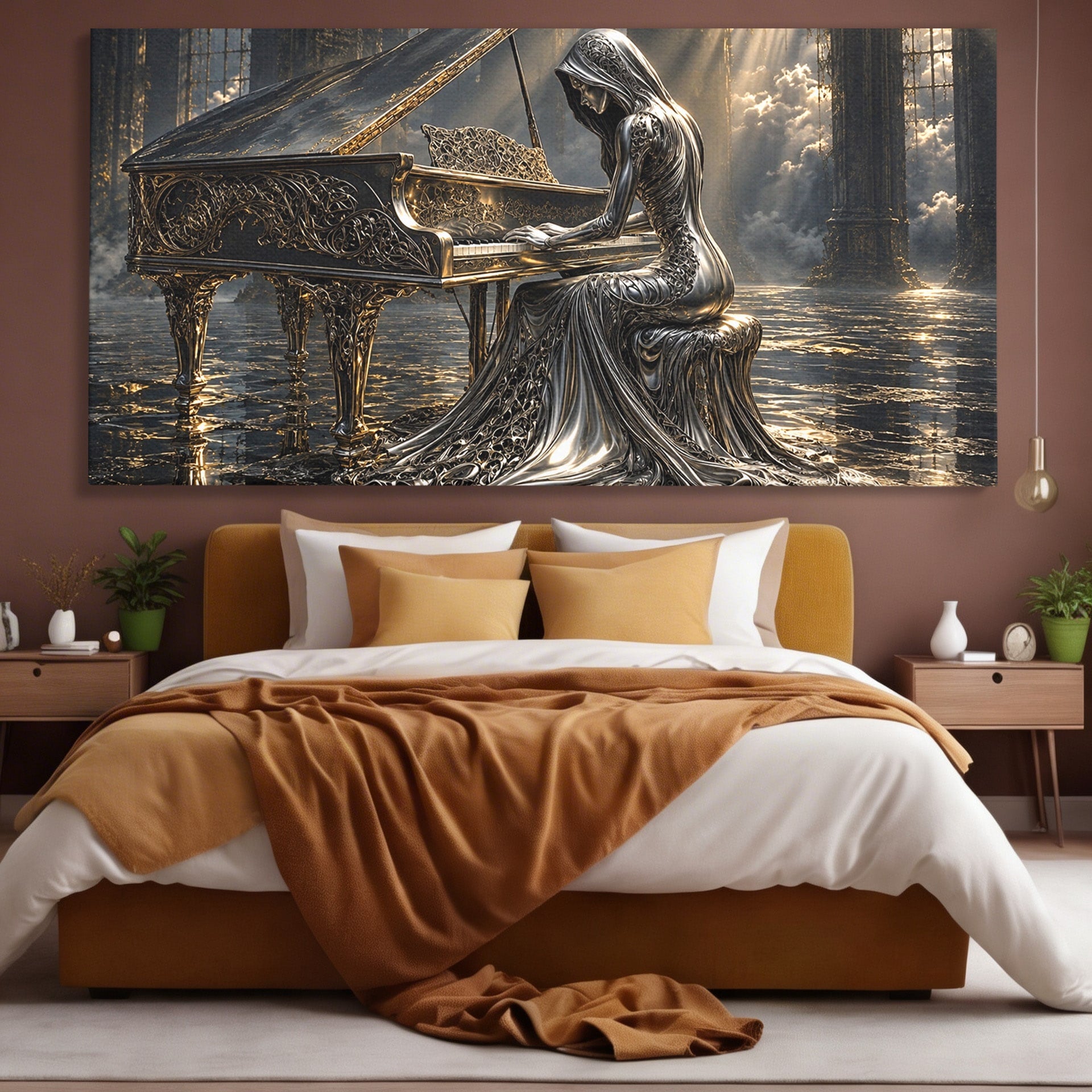 Tablou Canvas Premium LuxCanva® U1233, Pianista de Argint, Muzica, Fantezie, Pianista, Argint, Living, Culori Vibrante
