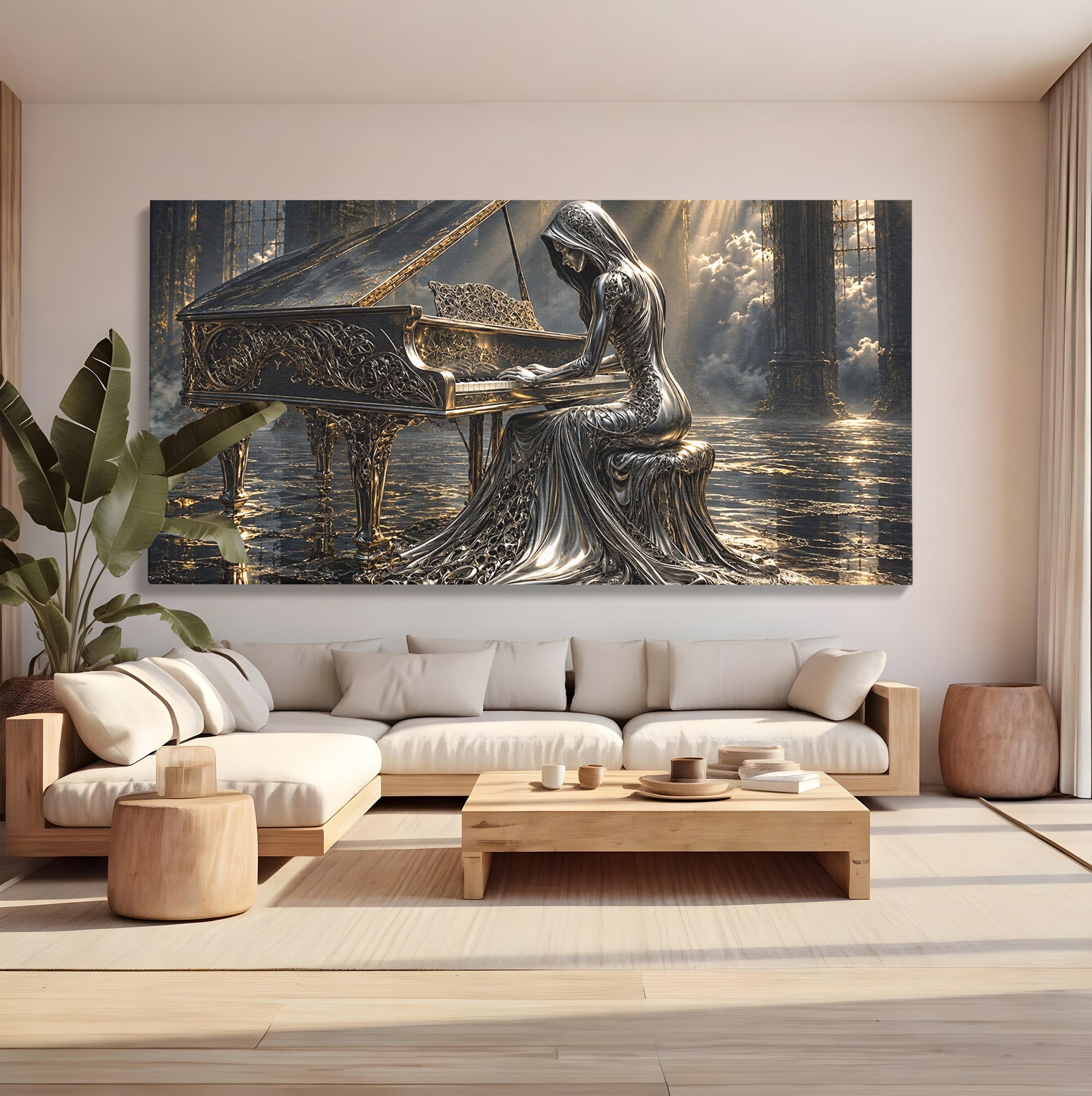 Tablou Canvas Premium LuxCanva® U1233, Pianista de Argint, Muzica, Fantezie, Pianista, Argint, Living, Culori Vibrante