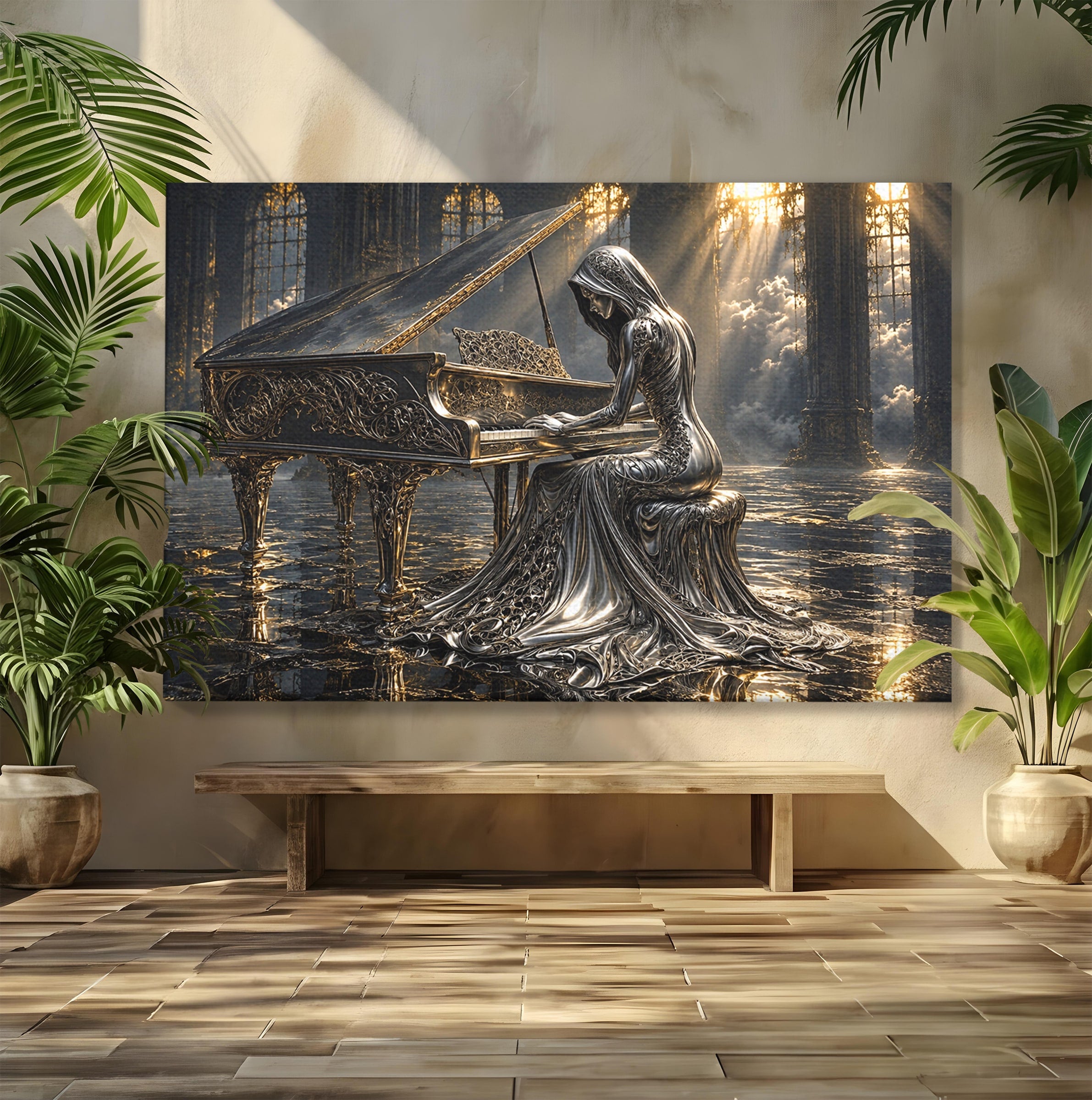 Tablou Canvas Premium LuxCanva® U1233, Pianista de Argint, Muzica, Fantezie, Pianista, Argint, Living, Culori Vibrante