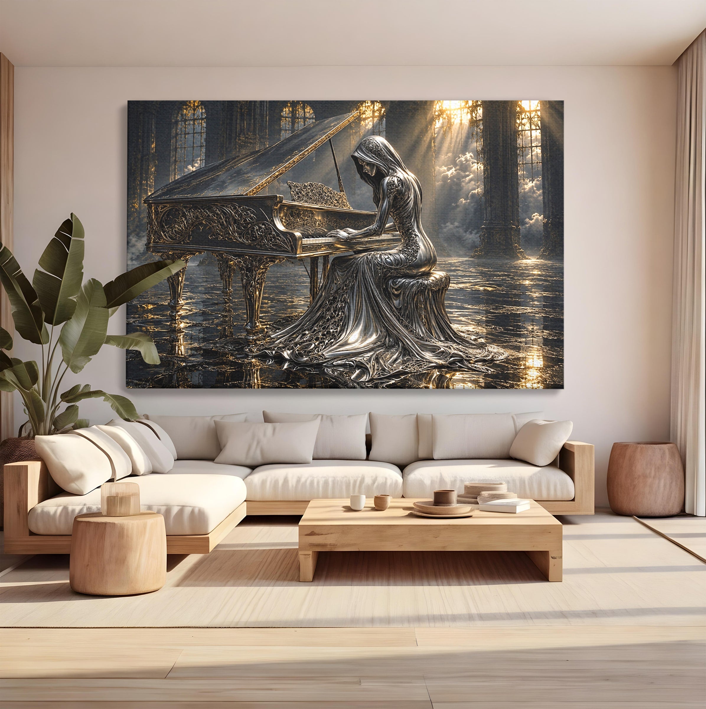 Tablou Canvas Premium LuxCanva® U1233, Pianista de Argint, Muzica, Fantezie, Pianista, Argint, Living, Culori Vibrante
