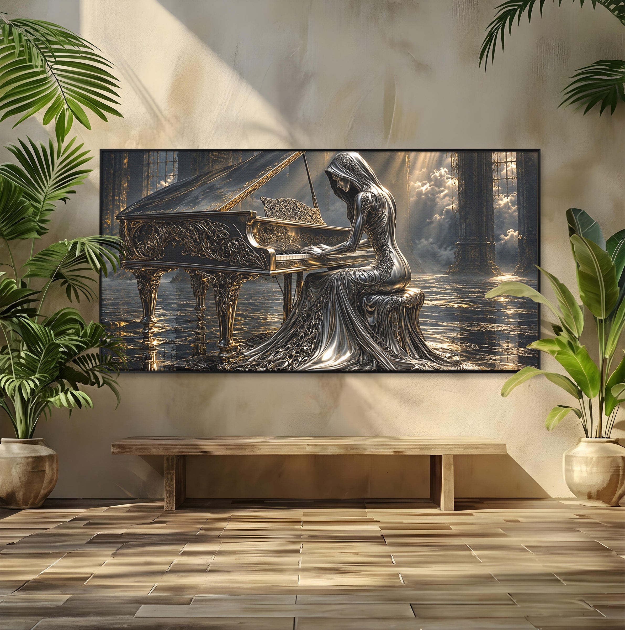 Tablou Canvas Premium LuxCanva® U1233, Pianista de Argint, Muzica, Fantezie, Pianista, Argint, Living, Culori Vibrante