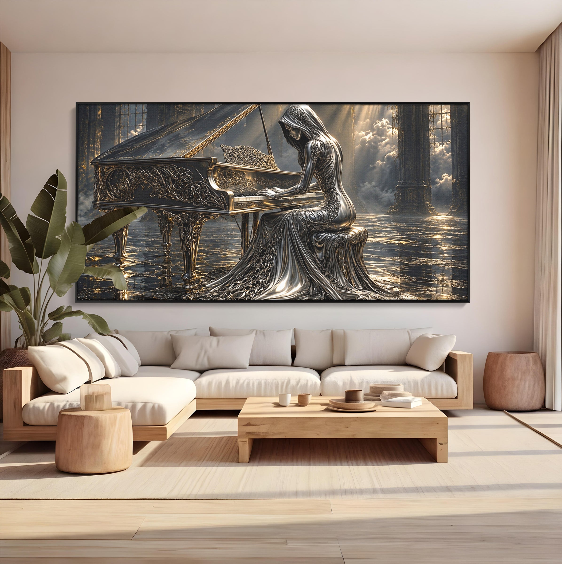 Tablou Canvas Premium LuxCanva® U1233, Pianista de Argint, Muzica, Fantezie, Pianista, Argint, Living, Culori Vibrante