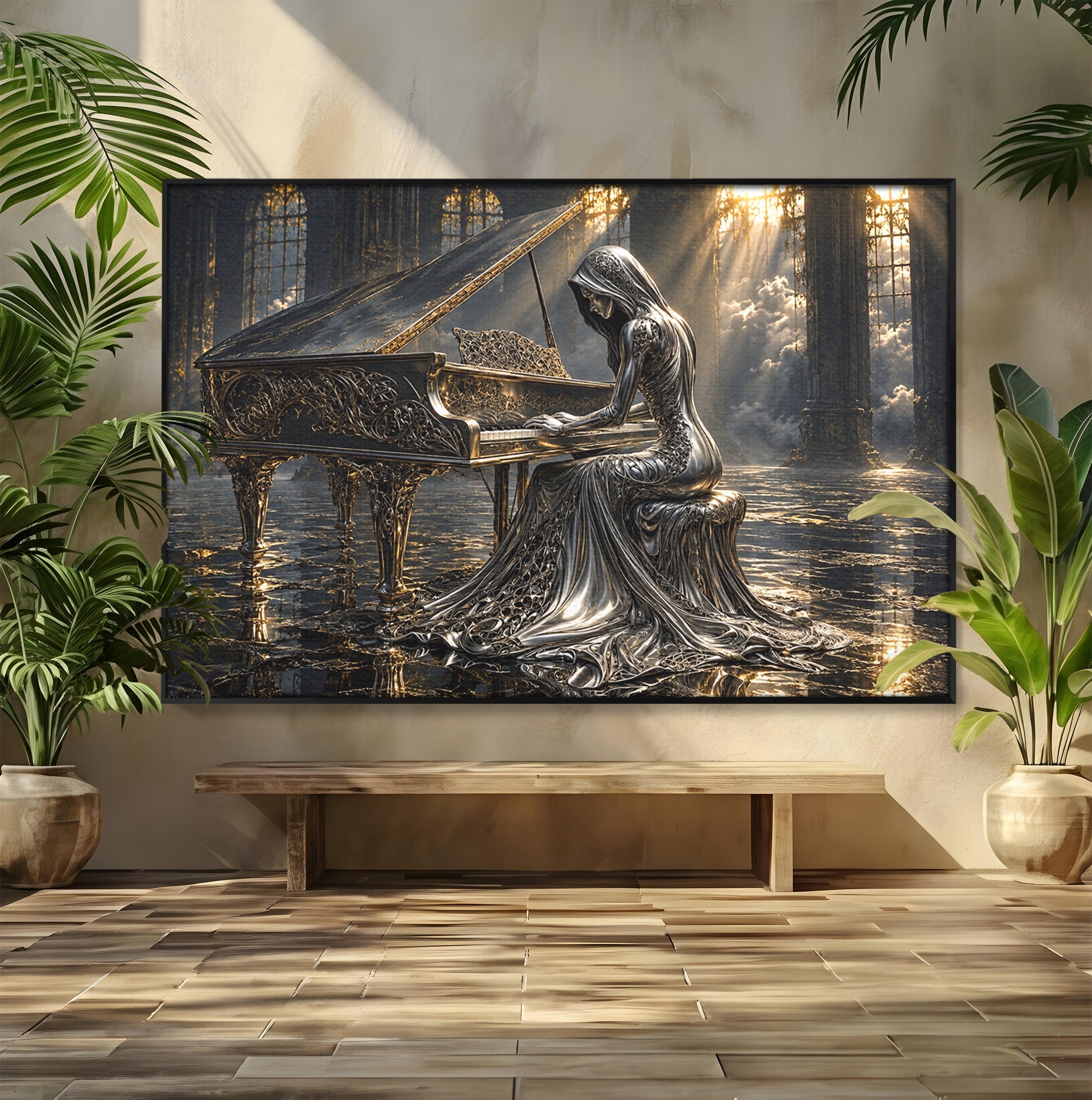 Tablou Canvas Premium LuxCanva® U1233, Pianista de Argint, Muzica, Fantezie, Pianista, Argint, Living, Culori Vibrante