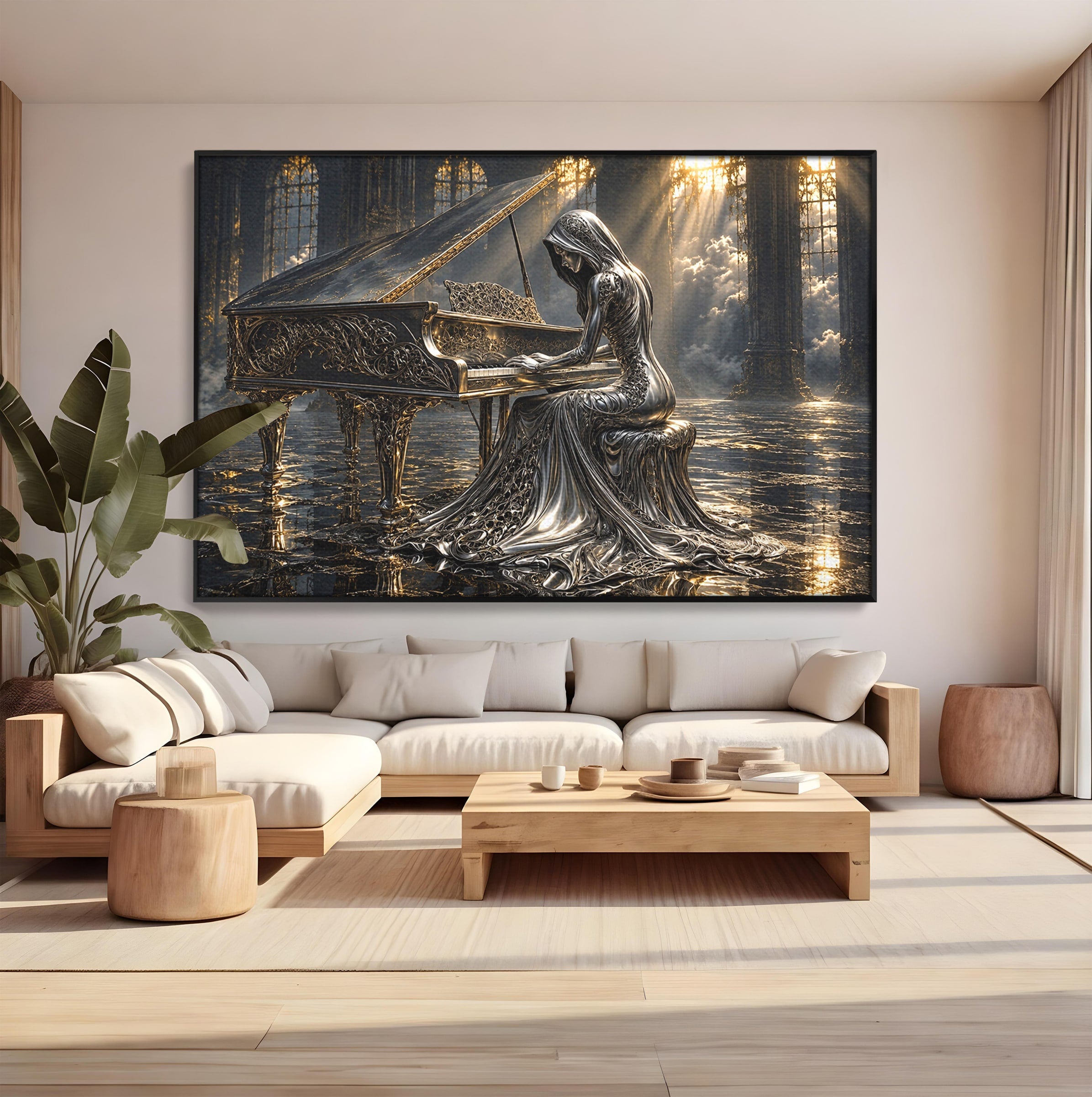 Tablou Canvas Premium LuxCanva® U1233, Pianista de Argint, Muzica, Fantezie, Pianista, Argint, Living, Culori Vibrante