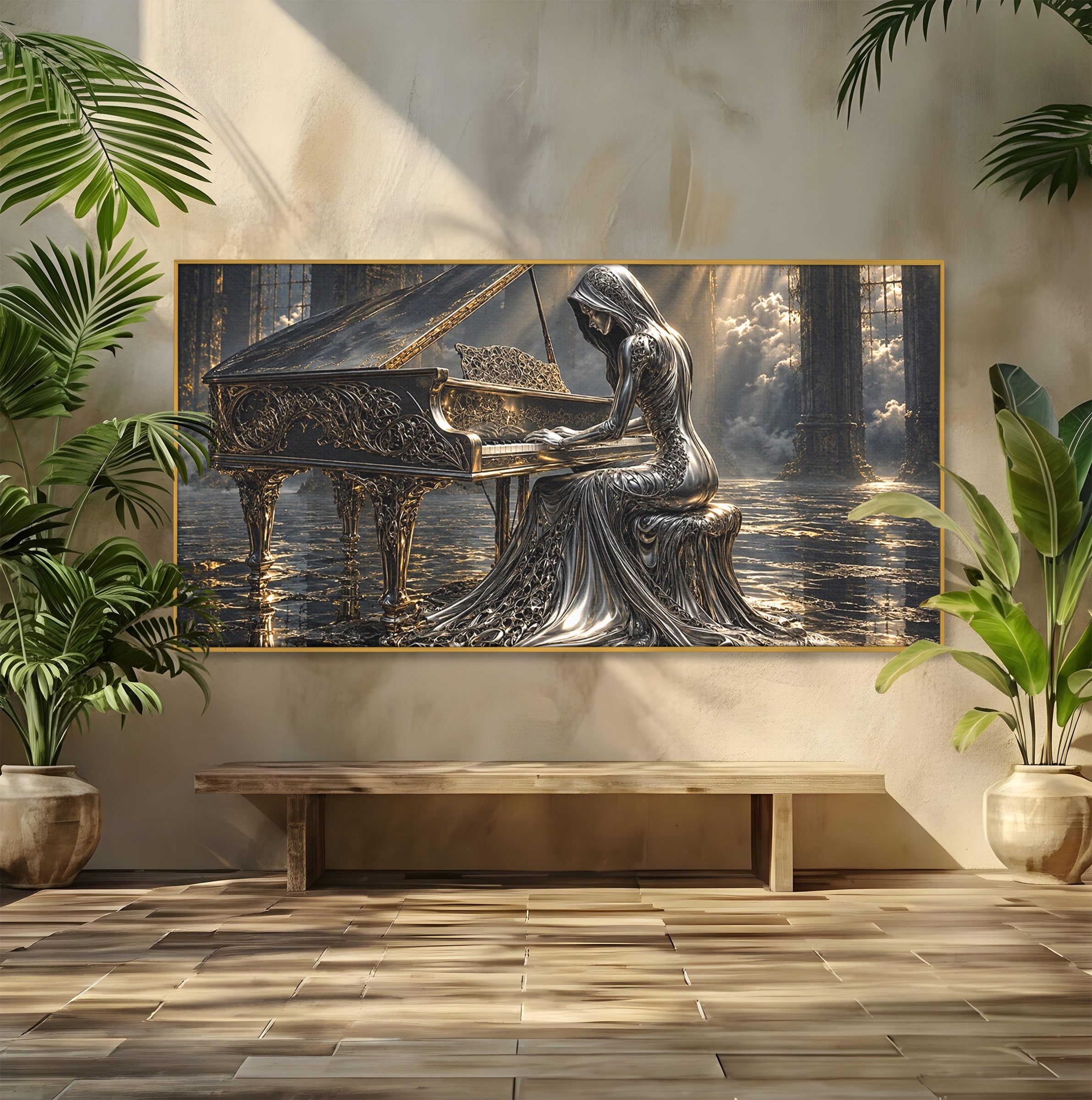 Tablou Canvas Premium LuxCanva® U1233, Pianista de Argint, Muzica, Fantezie, Pianista, Argint, Living, Culori Vibrante