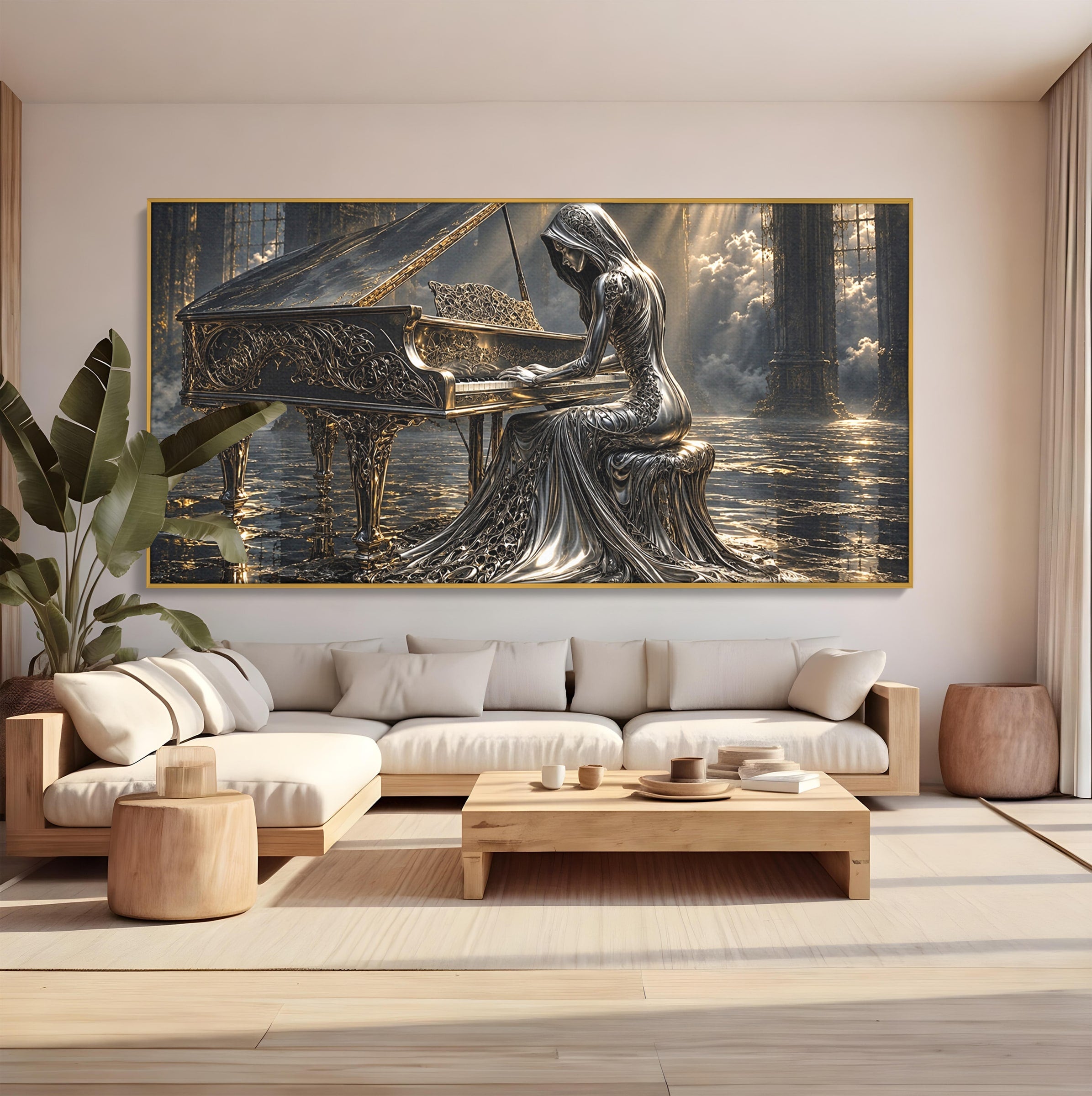 Tablou Canvas Premium LuxCanva® U1233, Pianista de Argint, Muzica, Fantezie, Pianista, Argint, Living, Culori Vibrante