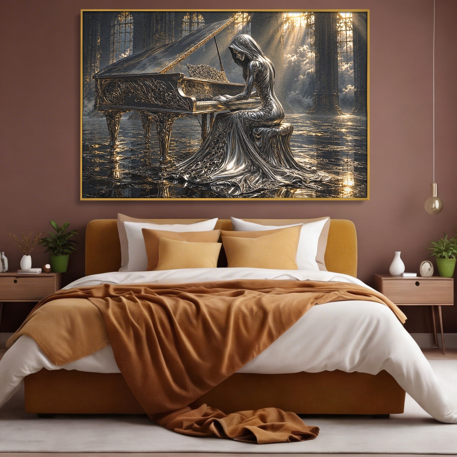 Tablou Canvas Premium LuxCanva® U1233, Pianista de Argint, Muzica, Fantezie, Pianista, Argint, Living, Culori Vibrante