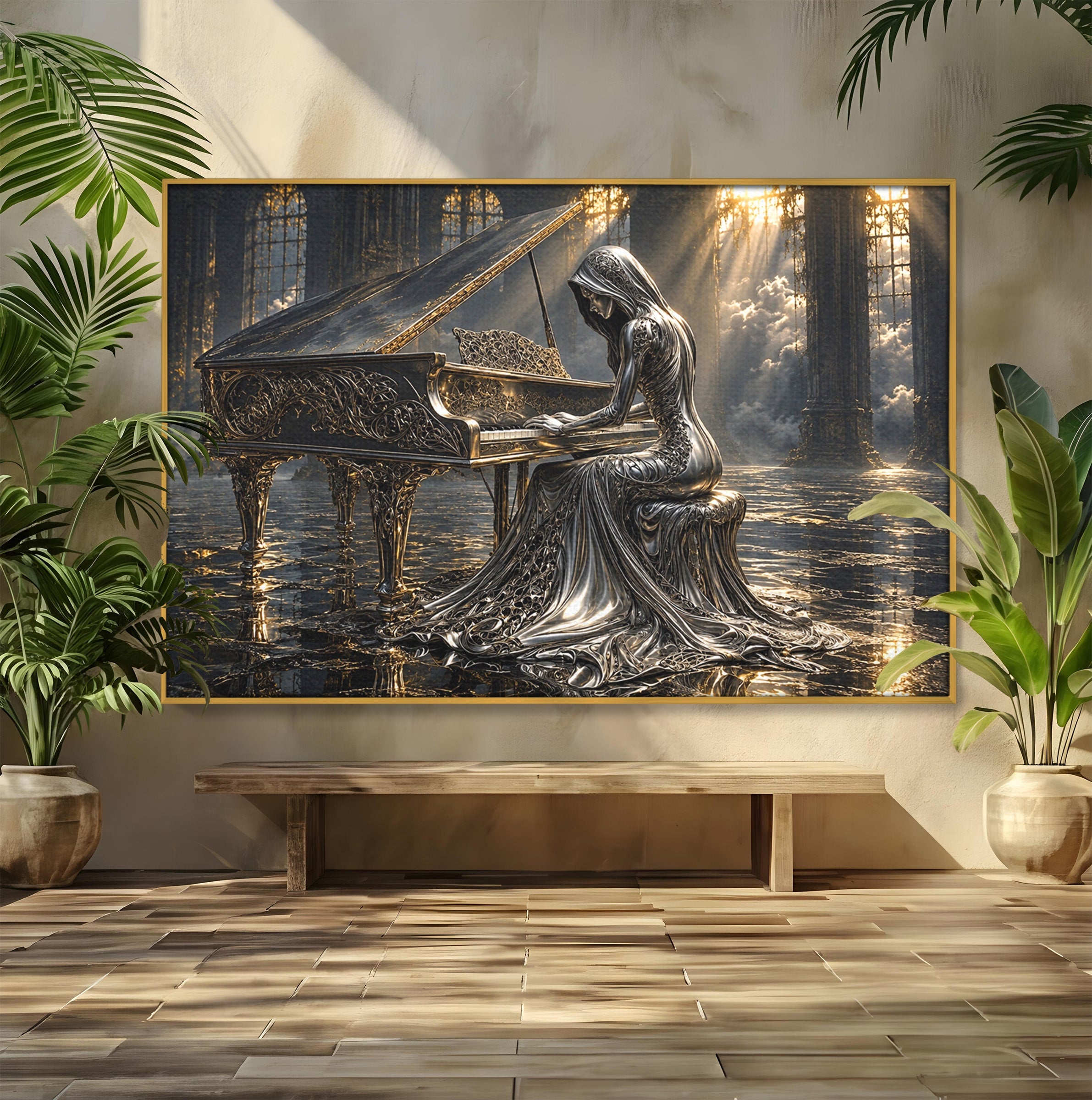 Tablou Canvas Premium LuxCanva® U1233, Pianista de Argint, Muzica, Fantezie, Pianista, Argint, Living, Culori Vibrante
