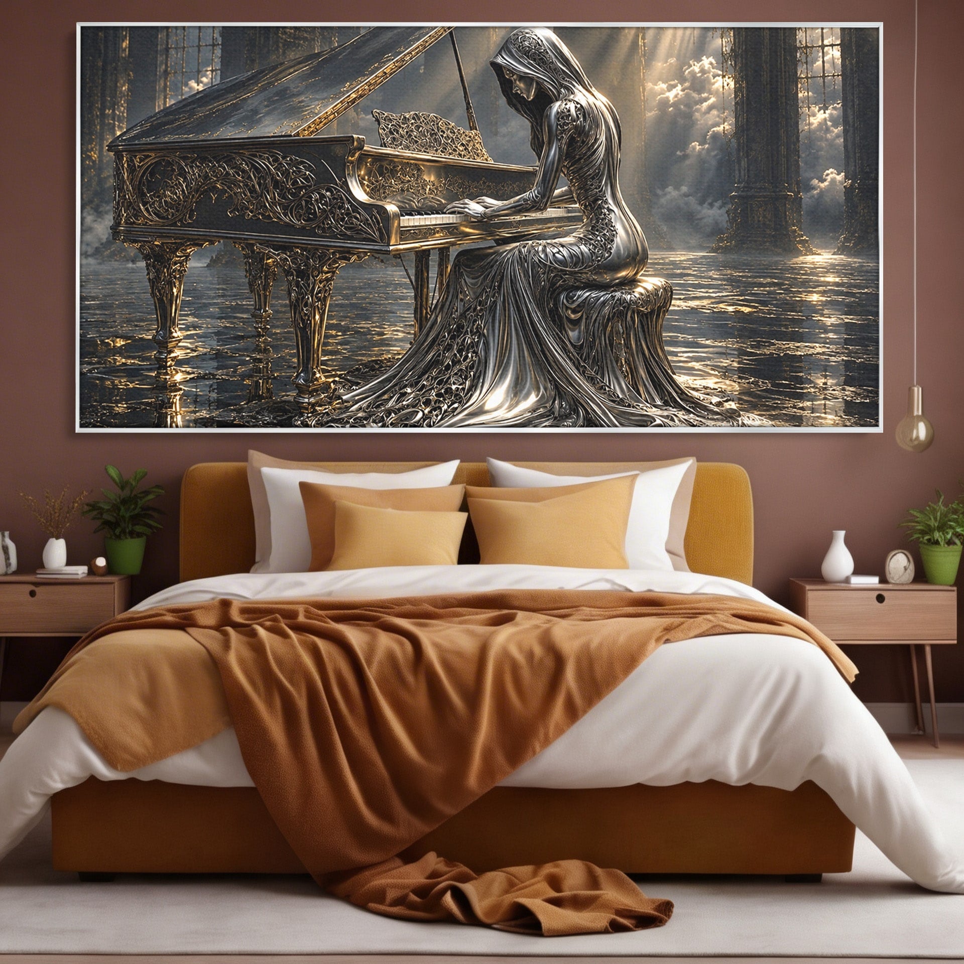Tablou Canvas Premium LuxCanva® U1233, Pianista de Argint, Muzica, Fantezie, Pianista, Argint, Living, Culori Vibrante