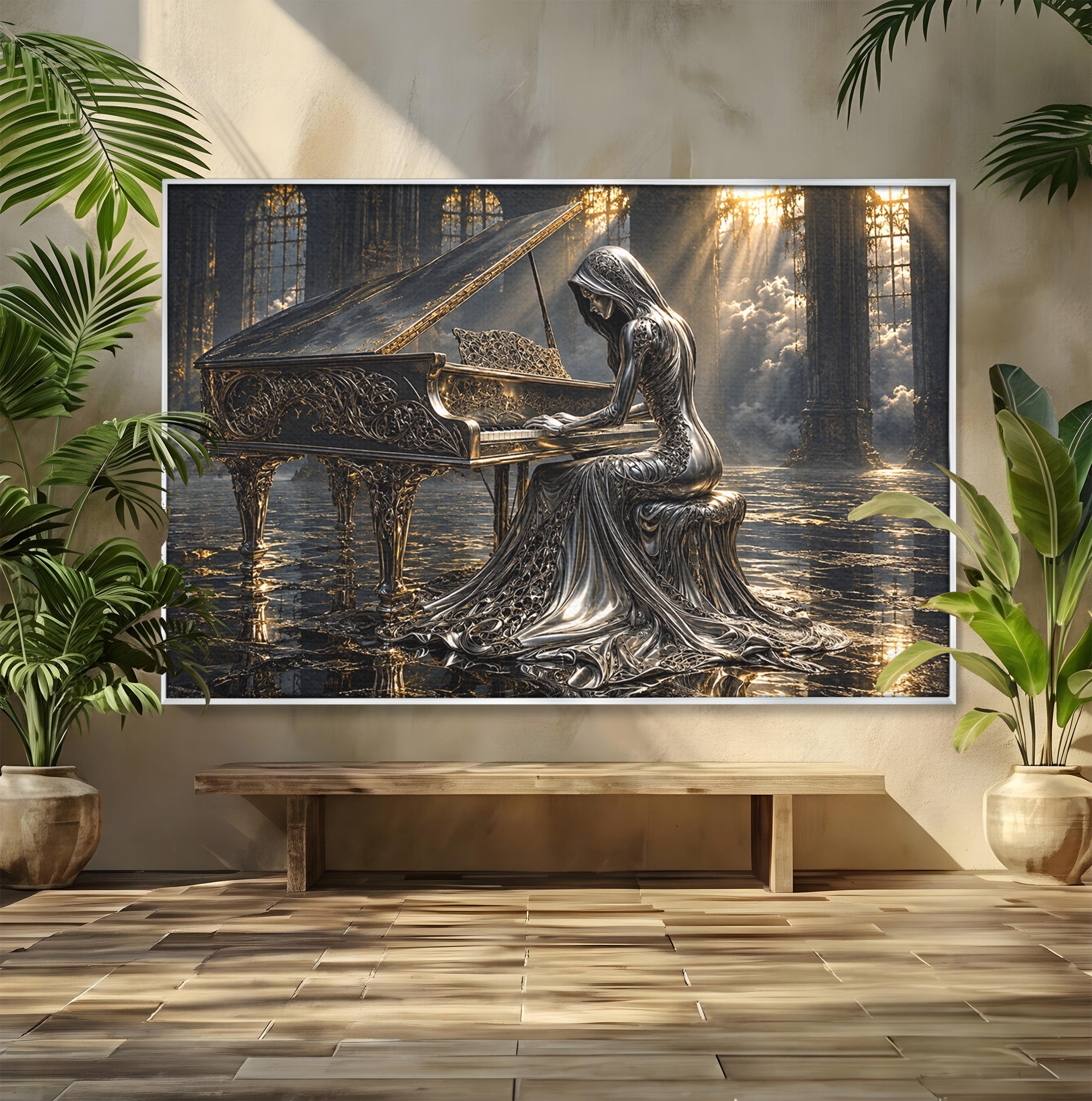 Tablou Canvas Premium LuxCanva® U1233, Pianista de Argint, Muzica, Fantezie, Pianista, Argint, Living, Culori Vibrante