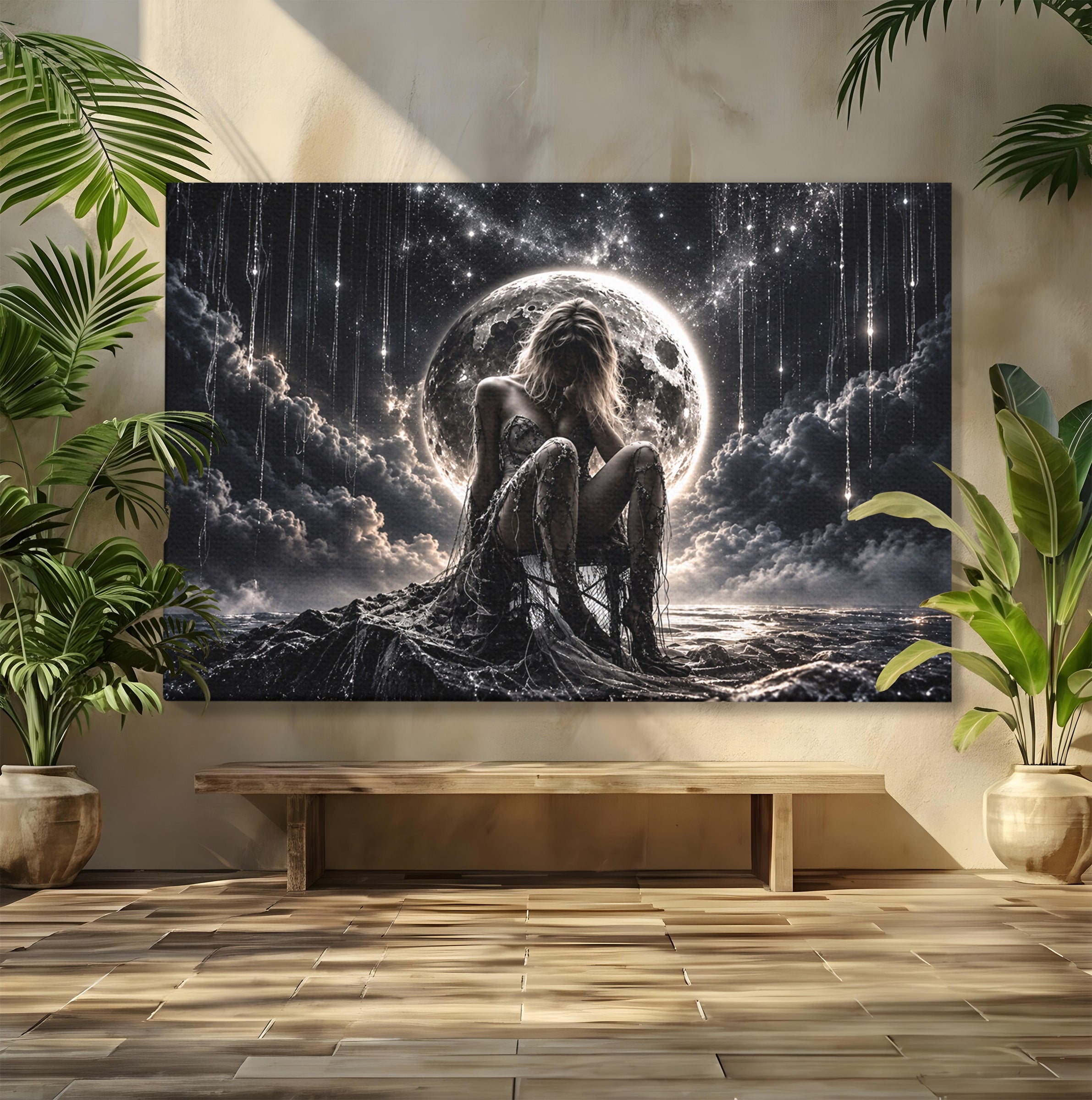 Tablou Canvas Premium LuxCanva® U1234, Luna Misterioasa, Luna, Femeie, Mister, Noapte, Dormitor, Culori Vibrante
