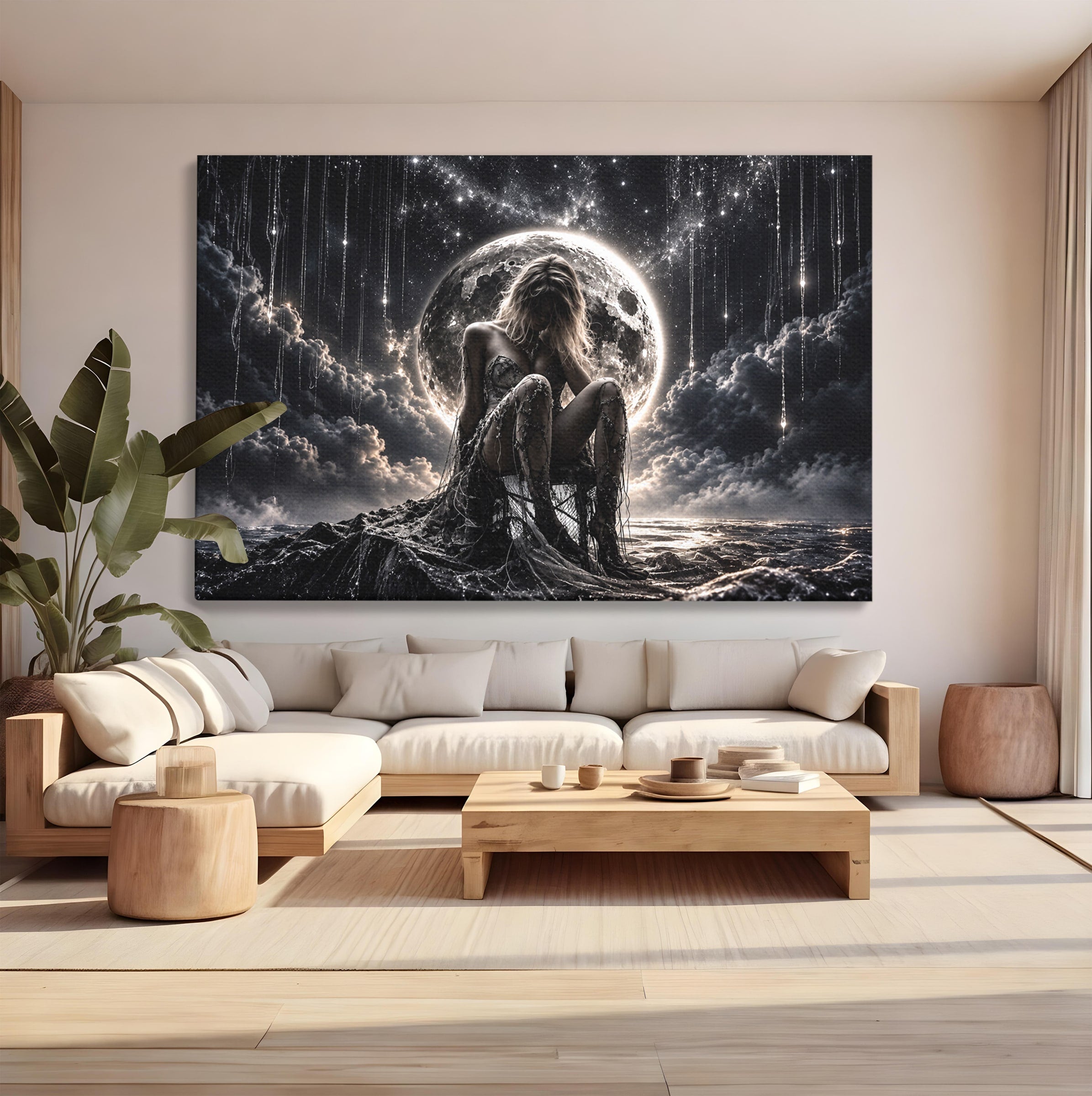 Tablou Canvas Premium LuxCanva® U1234, Luna Misterioasa, Luna, Femeie, Mister, Noapte, Dormitor, Culori Vibrante