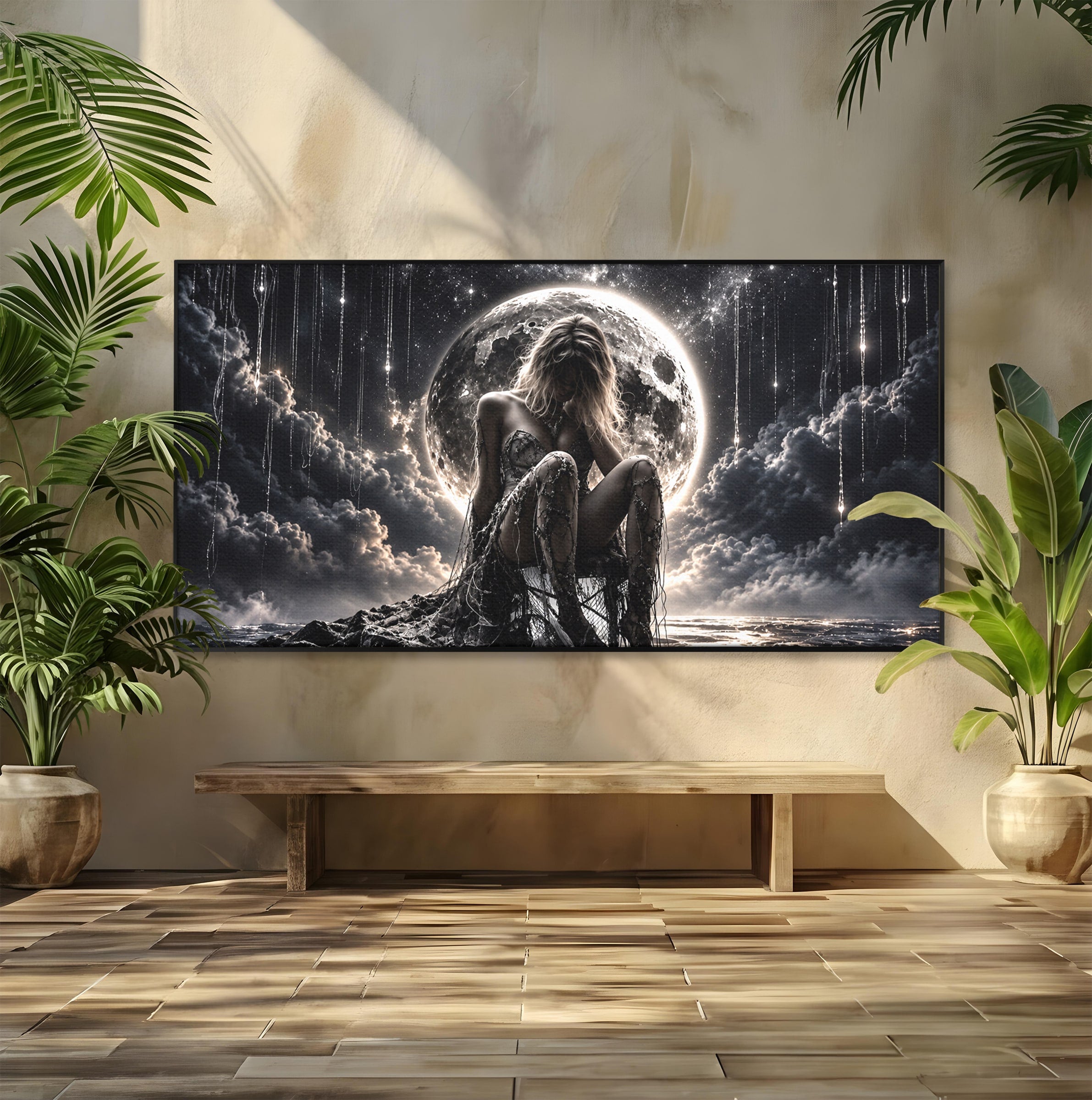 Tablou Canvas Premium LuxCanva® U1234, Luna Misterioasa, Luna, Femeie, Mister, Noapte, Dormitor, Culori Vibrante