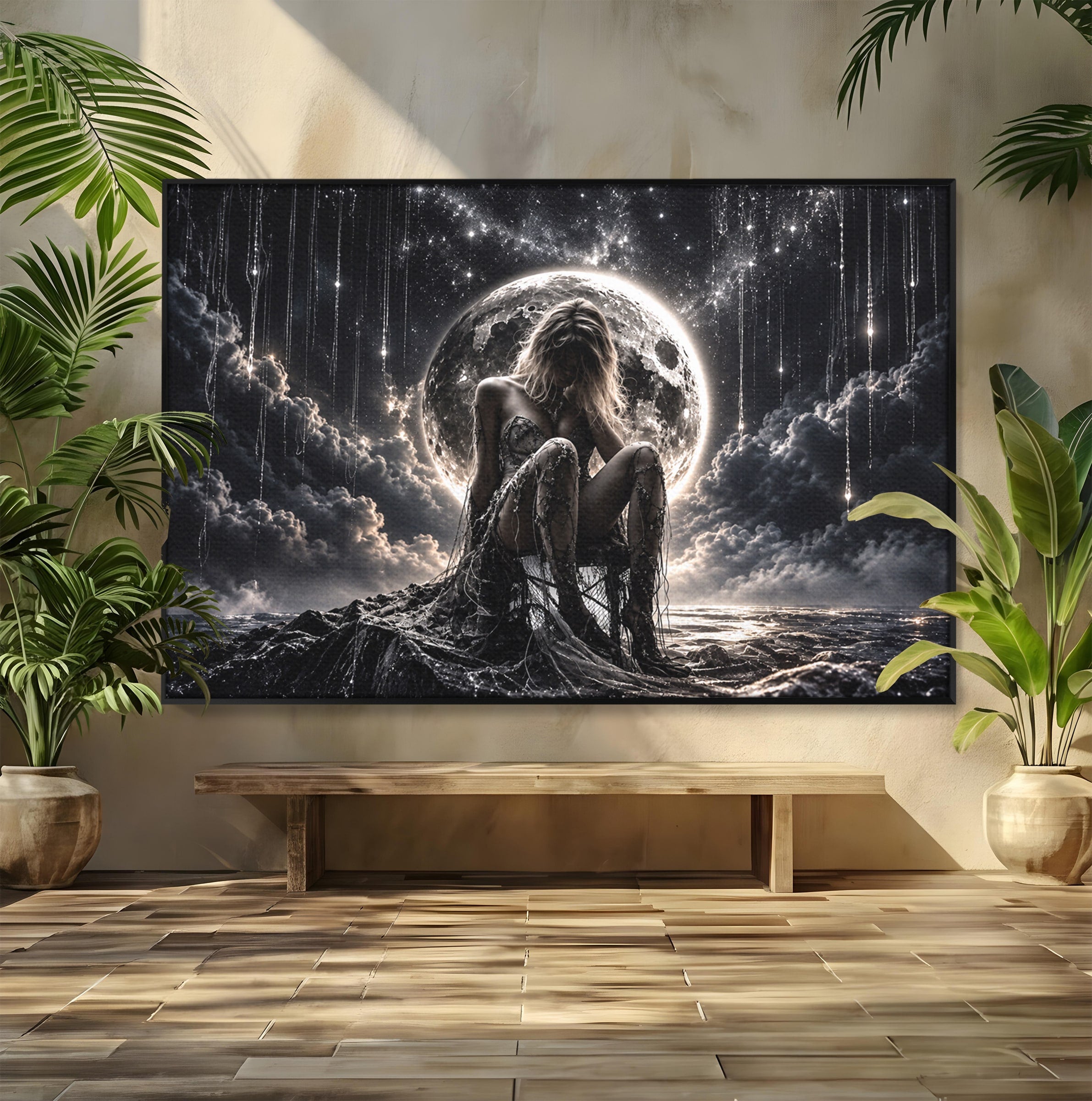 Tablou Canvas Premium LuxCanva® U1234, Luna Misterioasa, Luna, Femeie, Mister, Noapte, Dormitor, Culori Vibrante