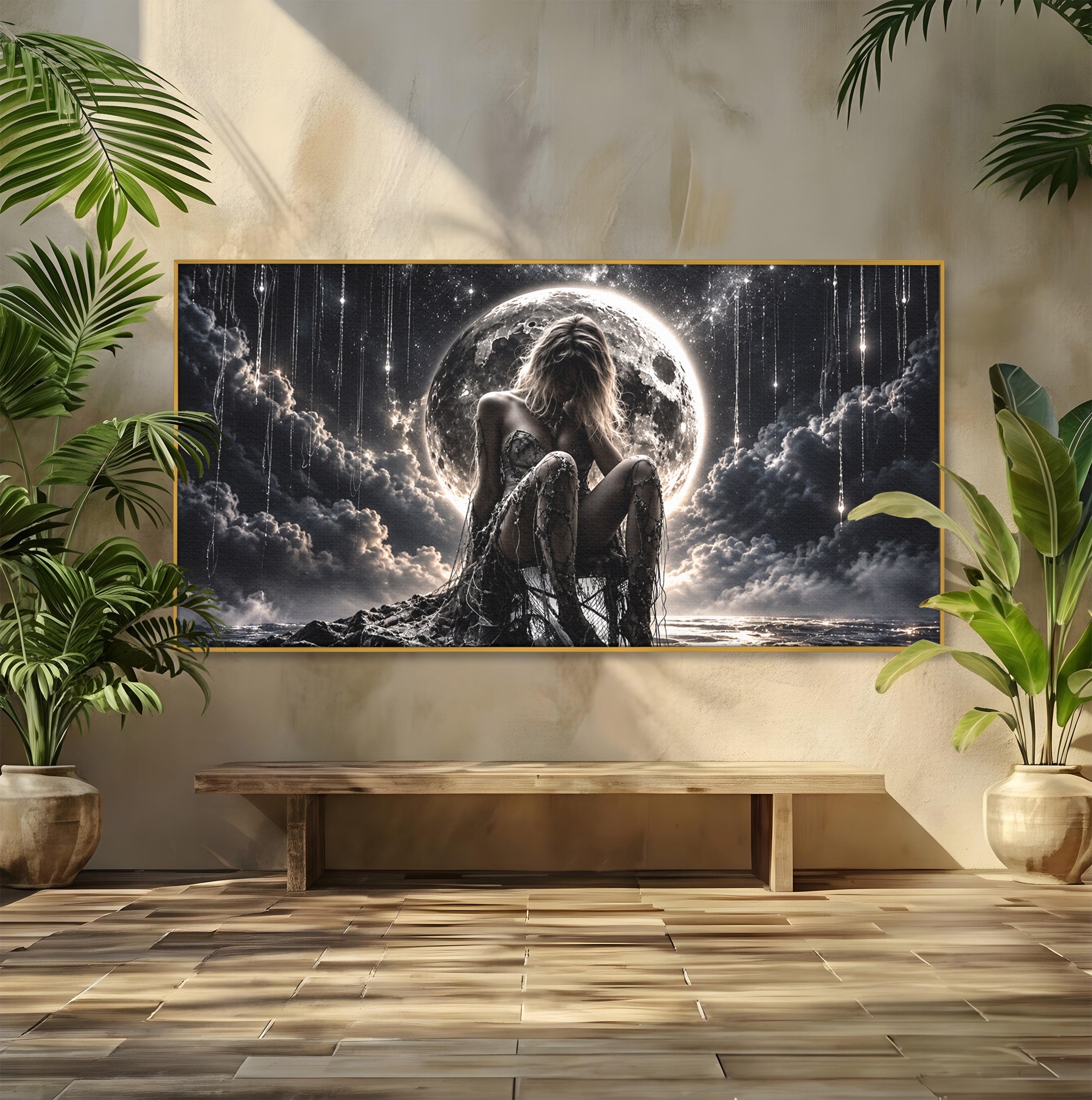 Tablou Canvas Premium LuxCanva® U1234, Luna Misterioasa, Luna, Femeie, Mister, Noapte, Dormitor, Culori Vibrante