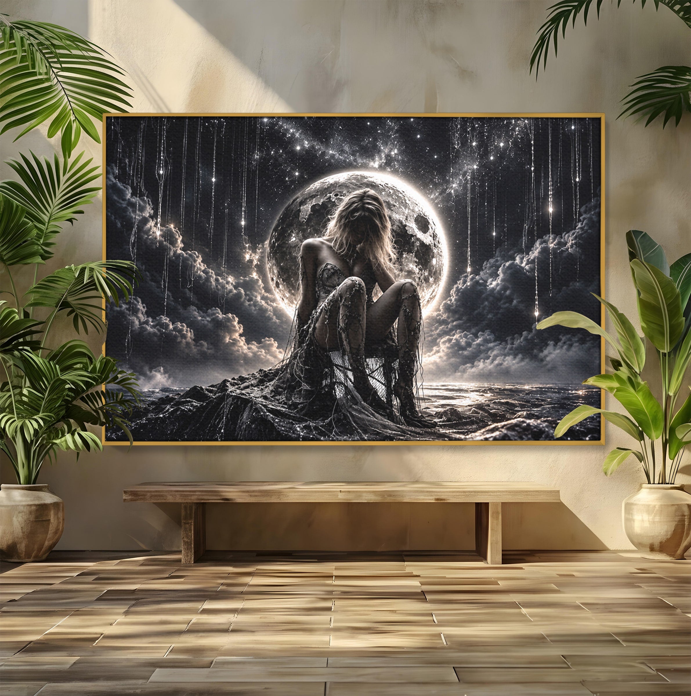 Tablou Canvas Premium LuxCanva® U1234, Luna Misterioasa, Luna, Femeie, Mister, Noapte, Dormitor, Culori Vibrante