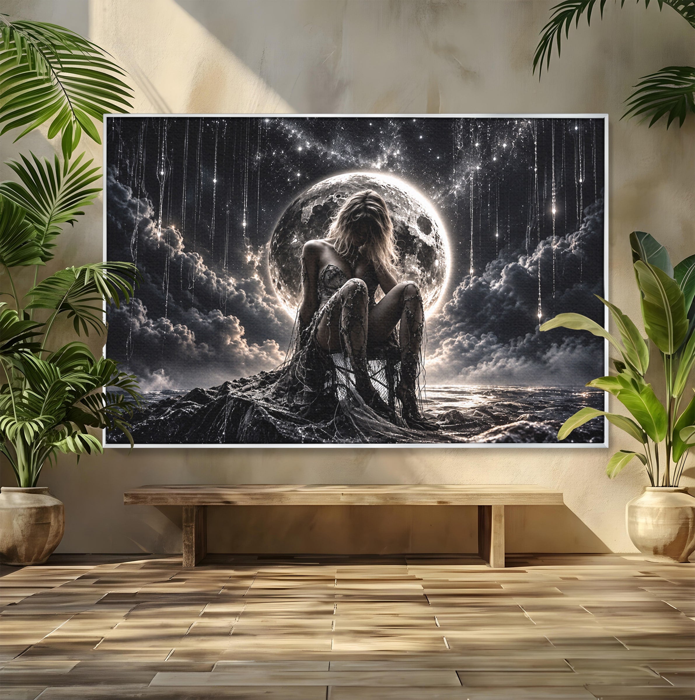 Tablou Canvas Premium LuxCanva® U1234, Luna Misterioasa, Luna, Femeie, Mister, Noapte, Dormitor, Culori Vibrante
