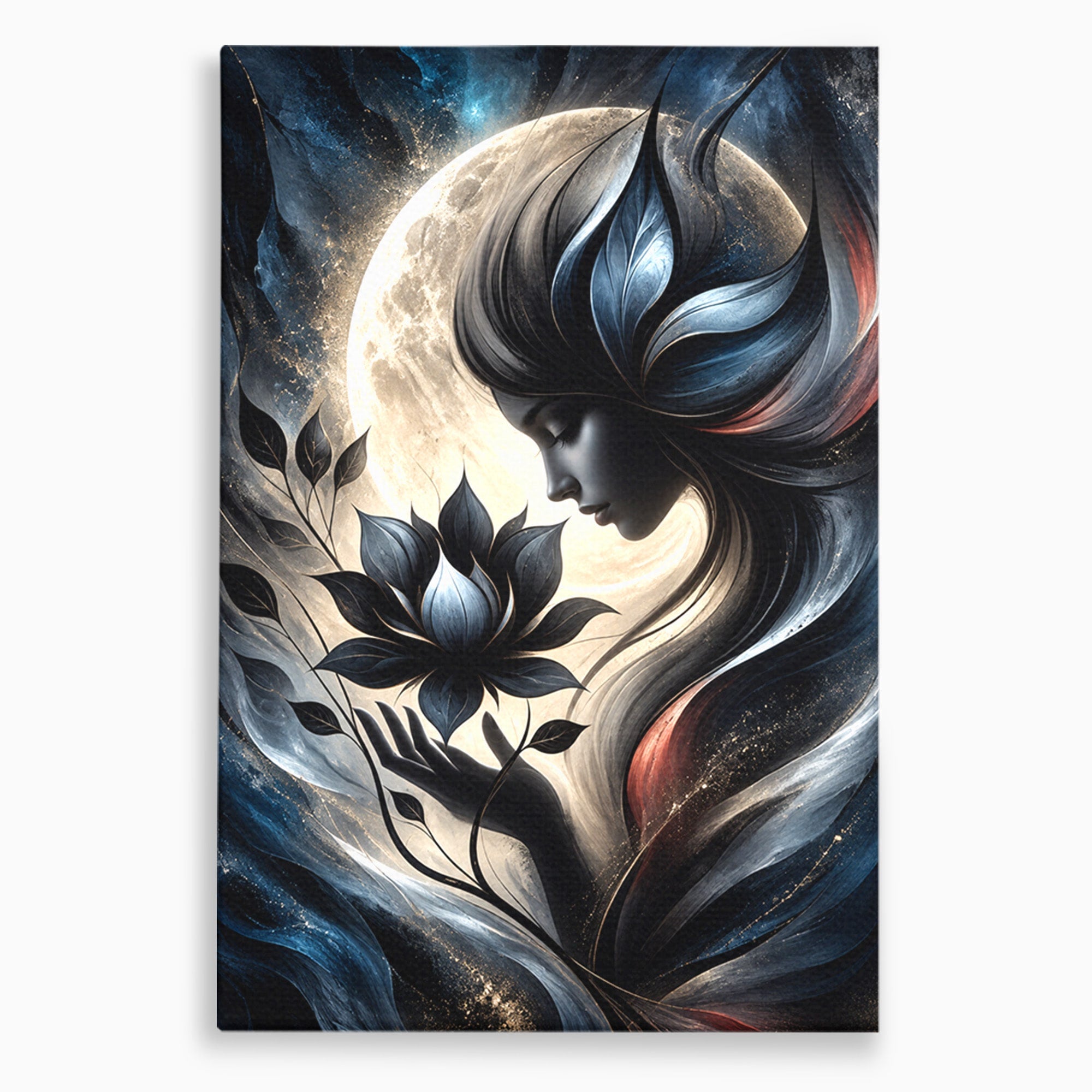 Tablou Canvas Premium LuxCanva® U1237, Misterul Zeitei Nocturne, Luna, Femeie, Noapte, Zeita, Dormitor, Culori Vibrante