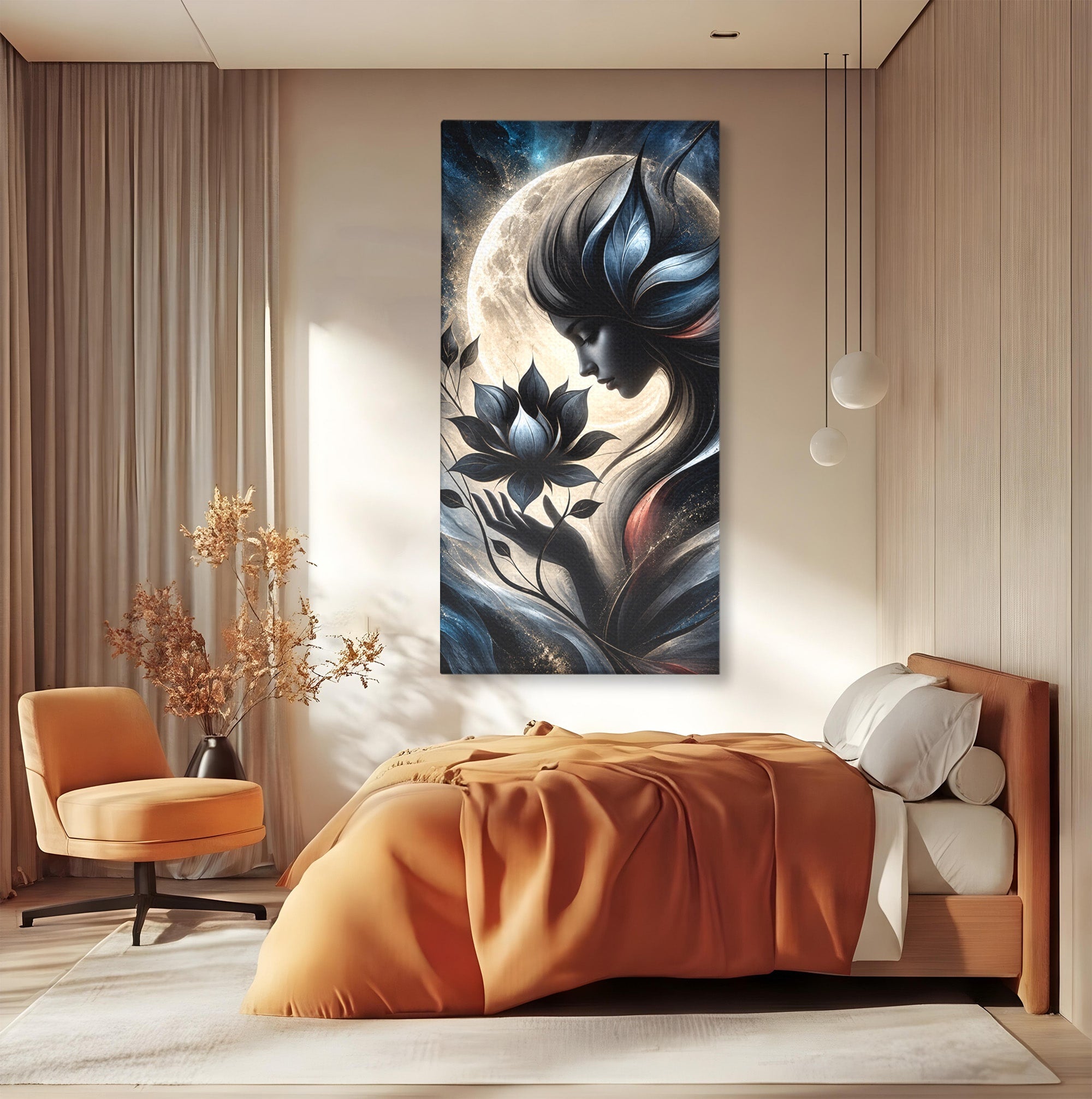 Tablou Canvas Premium LuxCanva® U1237, Misterul Zeitei Nocturne, Luna, Femeie, Noapte, Zeita, Dormitor, Culori Vibrante