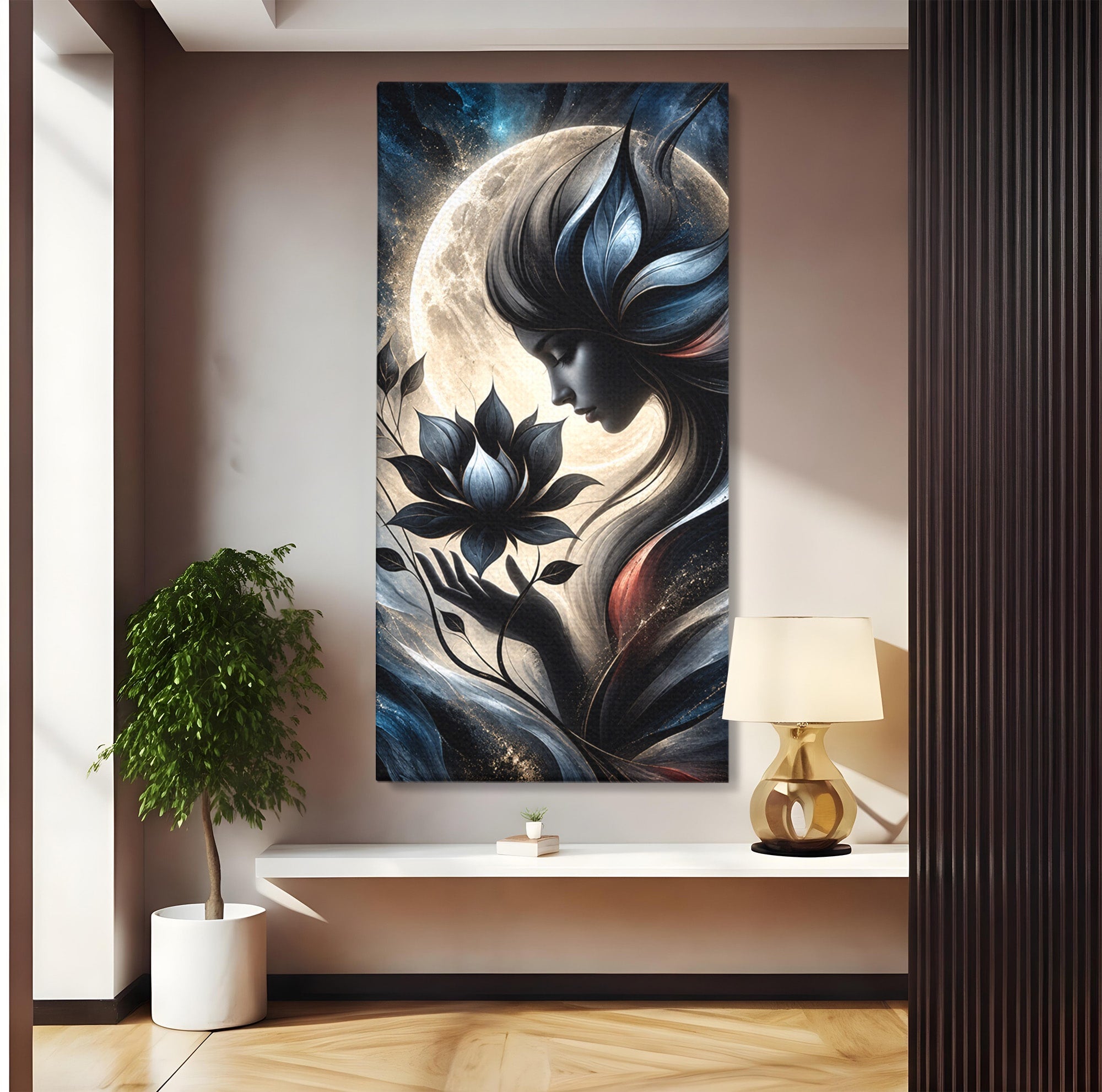 Tablou Canvas Premium LuxCanva® U1237, Misterul Zeitei Nocturne, Luna, Femeie, Noapte, Zeita, Dormitor, Culori Vibrante