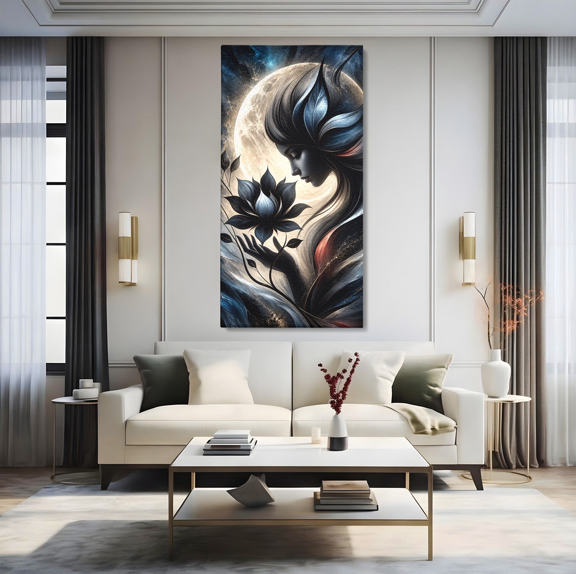 Tablou Canvas Premium LuxCanva® U1237, Misterul Zeitei Nocturne, Luna, Femeie, Noapte, Zeita, Dormitor, Culori Vibrante