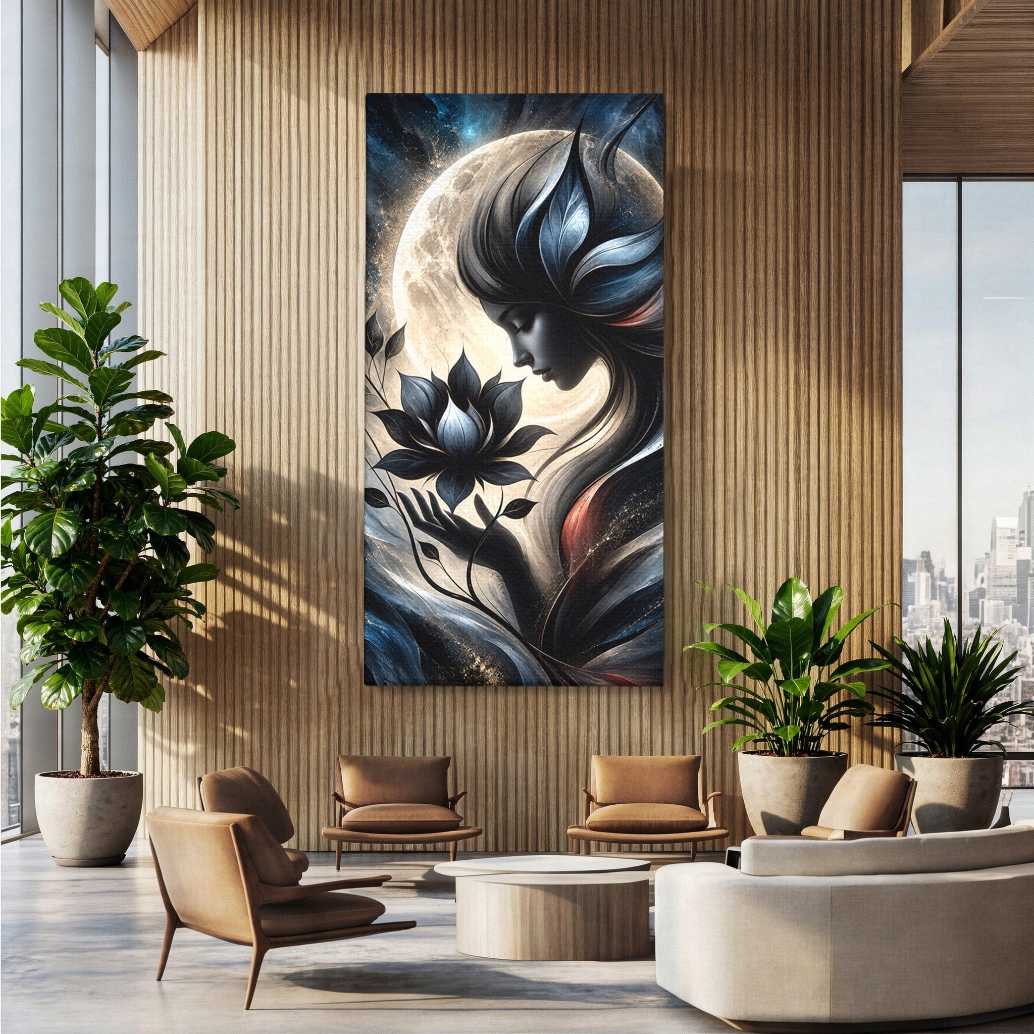 Tablou Canvas Premium LuxCanva® U1237, Misterul Zeitei Nocturne, Luna, Femeie, Noapte, Zeita, Dormitor, Culori Vibrante