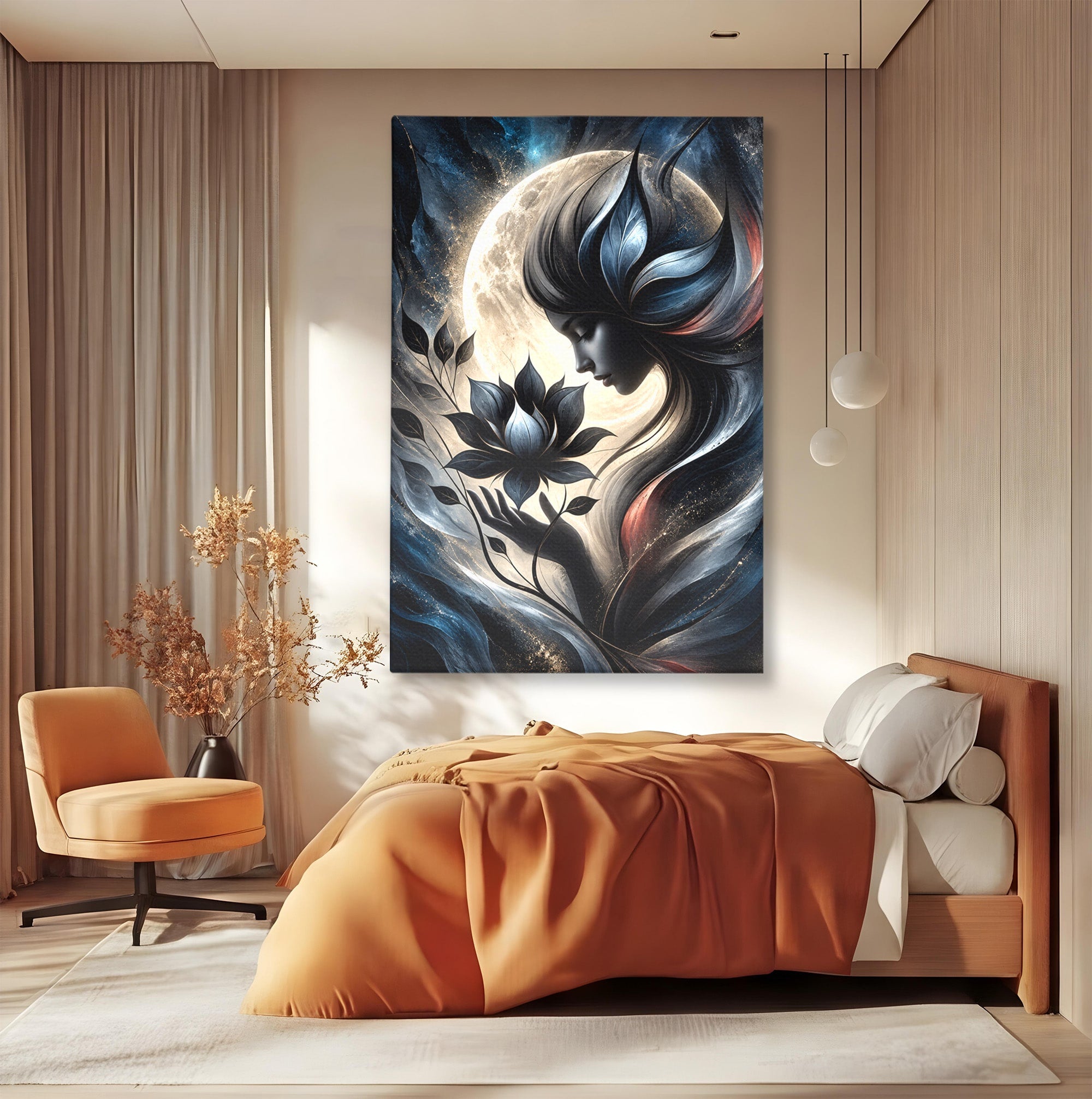 Tablou Canvas Premium LuxCanva® U1237, Misterul Zeitei Nocturne, Luna, Femeie, Noapte, Zeita, Dormitor, Culori Vibrante