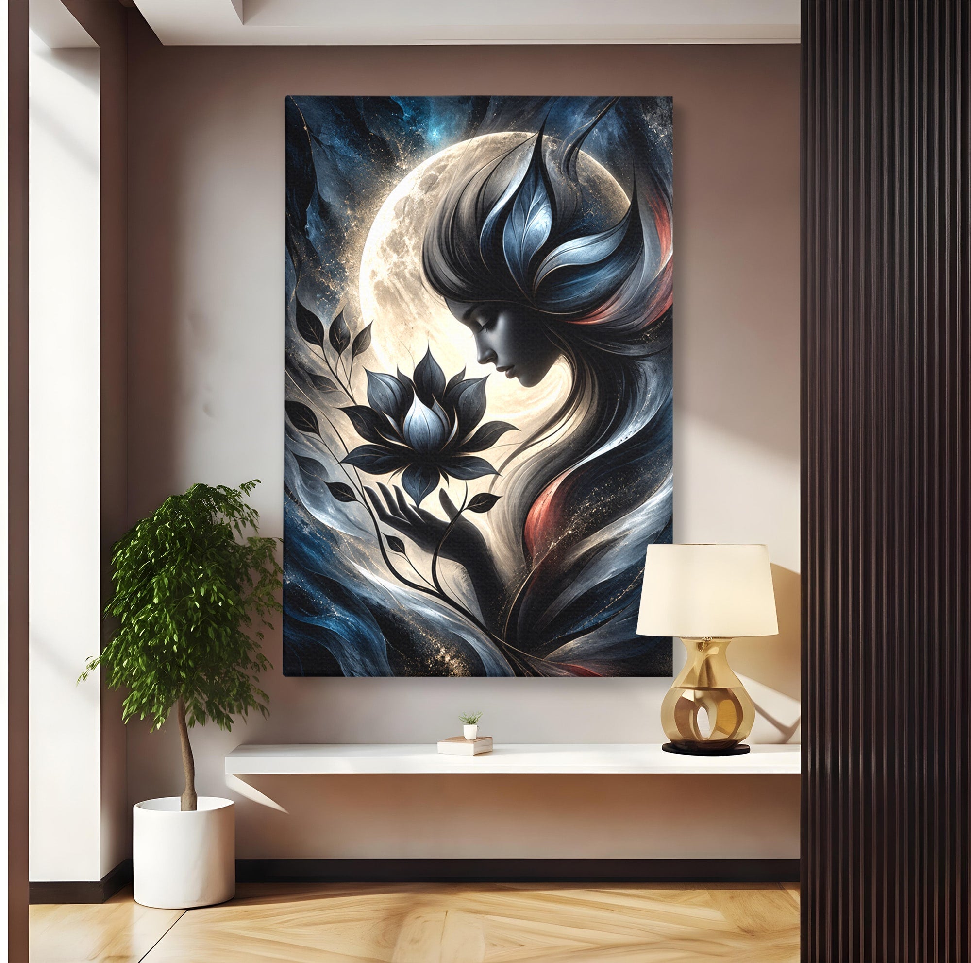 Tablou Canvas Premium LuxCanva® U1237, Misterul Zeitei Nocturne, Luna, Femeie, Noapte, Zeita, Dormitor, Culori Vibrante