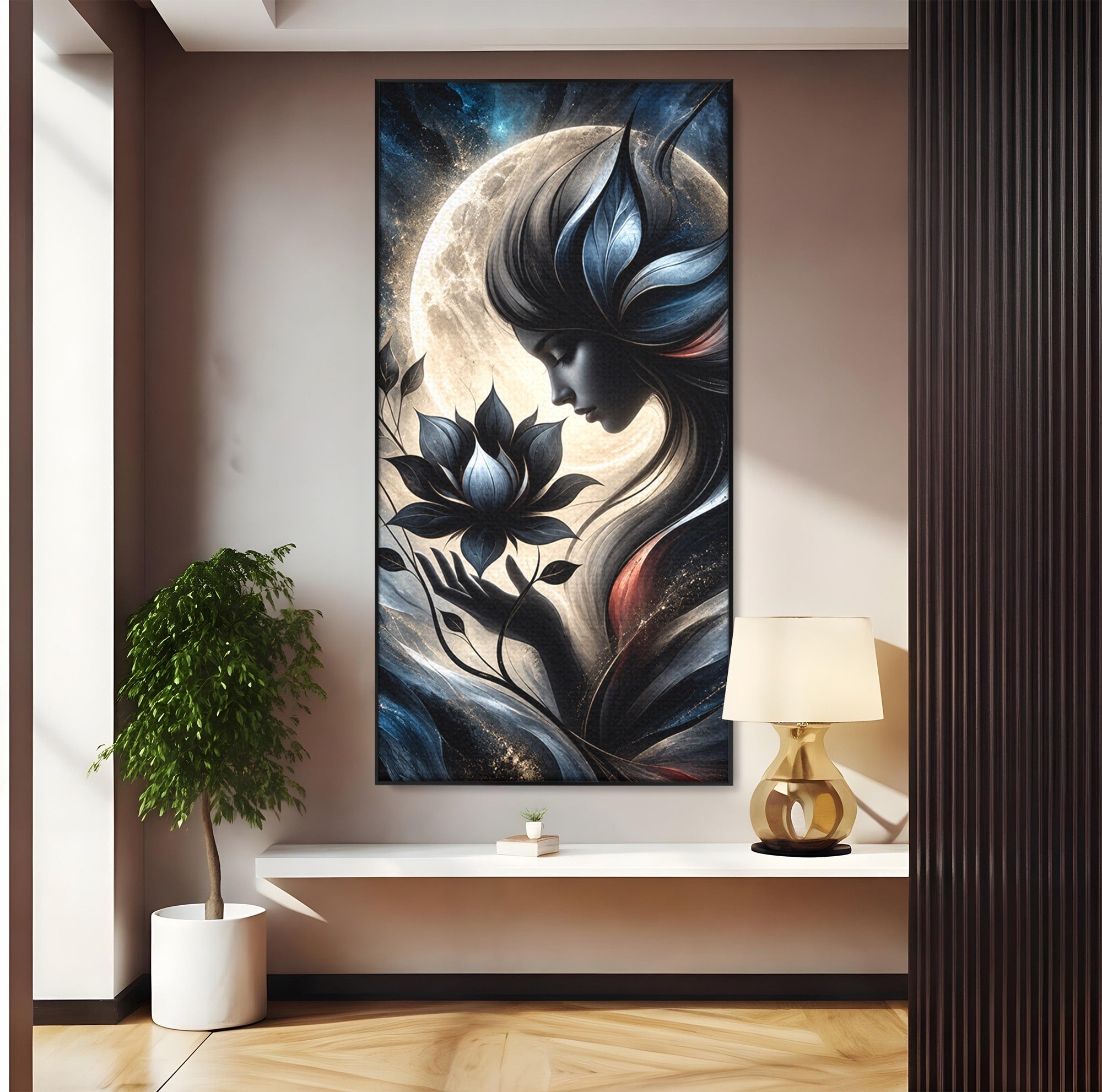 Tablou Canvas Premium LuxCanva® U1237, Misterul Zeitei Nocturne, Luna, Femeie, Noapte, Zeita, Dormitor, Culori Vibrante