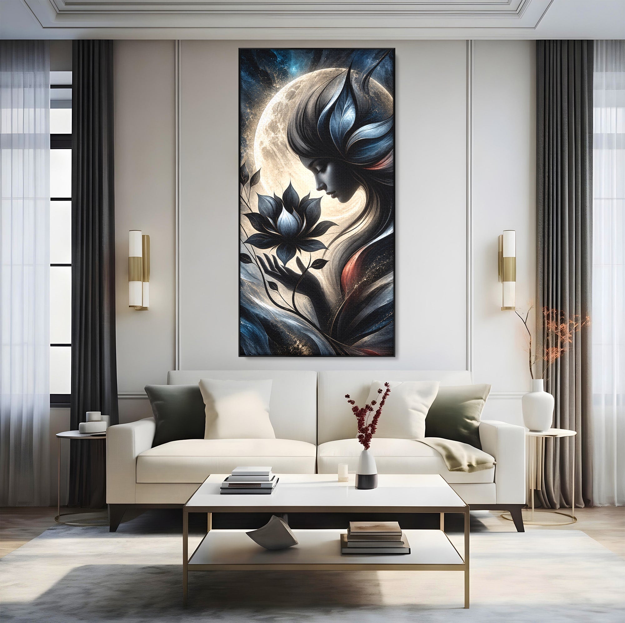 Tablou Canvas Premium LuxCanva® U1237, Misterul Zeitei Nocturne, Luna, Femeie, Noapte, Zeita, Dormitor, Culori Vibrante