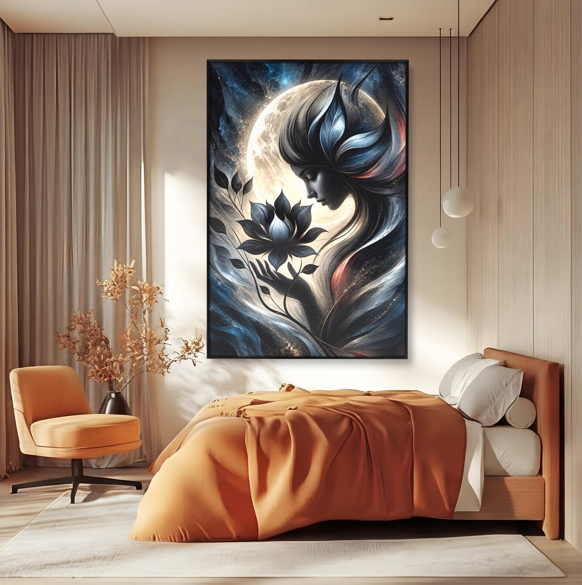 Tablou Canvas Premium LuxCanva® U1237, Misterul Zeitei Nocturne, Luna, Femeie, Noapte, Zeita, Dormitor, Culori Vibrante