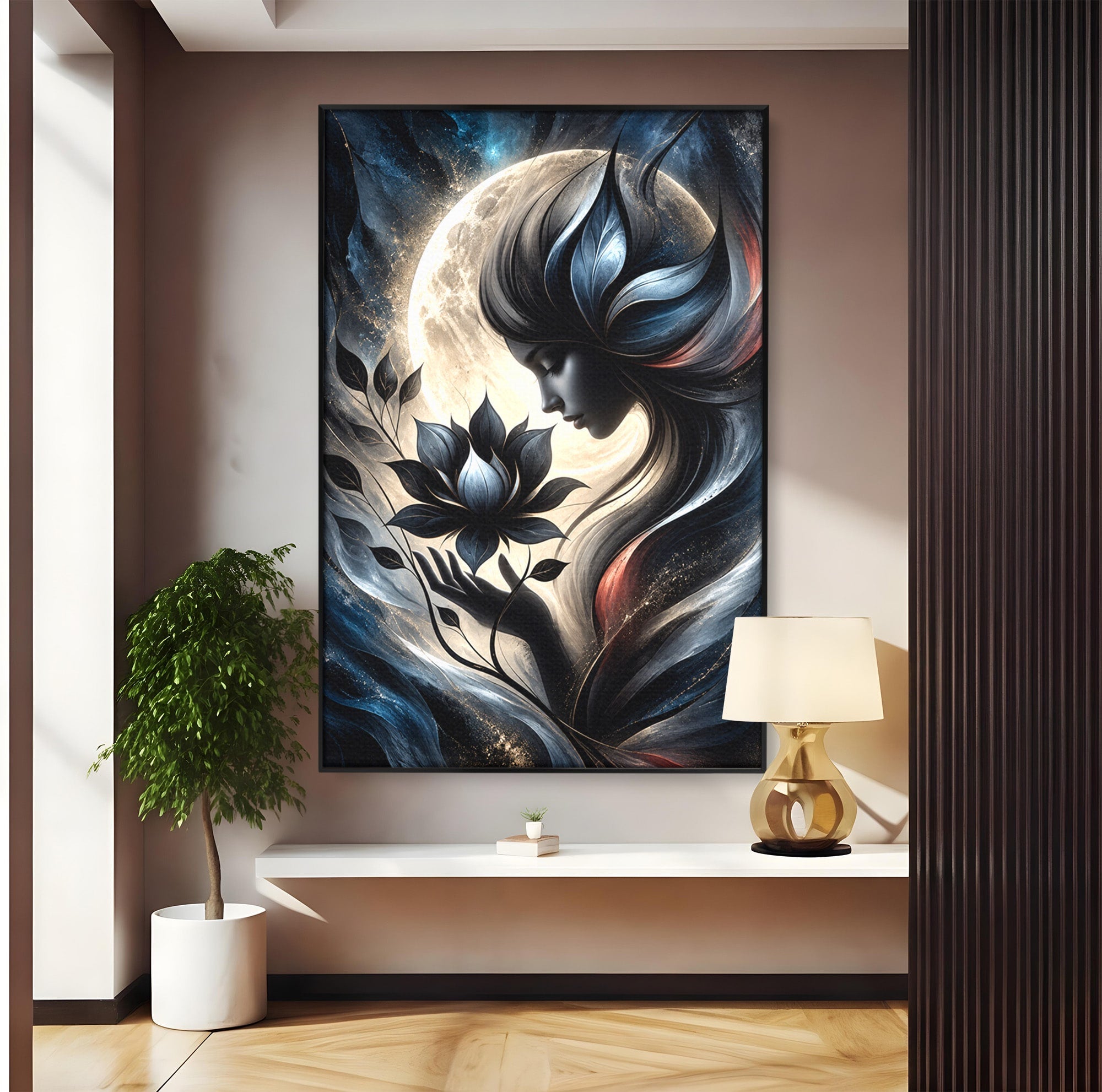 Tablou Canvas Premium LuxCanva® U1237, Misterul Zeitei Nocturne, Luna, Femeie, Noapte, Zeita, Dormitor, Culori Vibrante